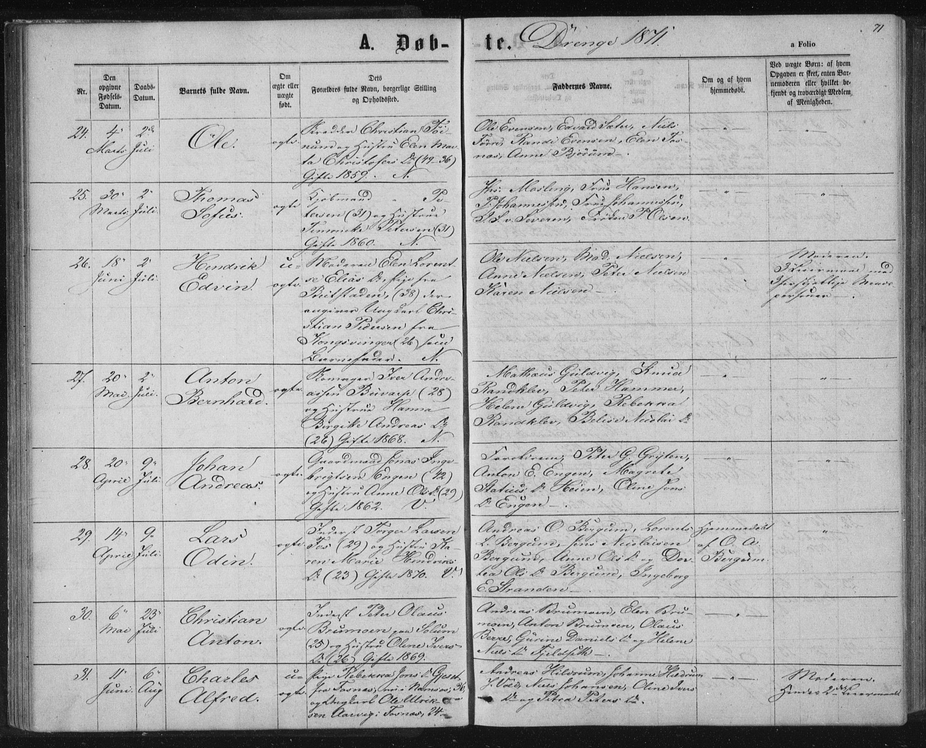 Ministerialprotokoller, klokkerbøker og fødselsregistre - Nord-Trøndelag, AV/SAT-A-1458/768/L0570: Parish register (official) no. 768A05, 1865-1874, p. 71