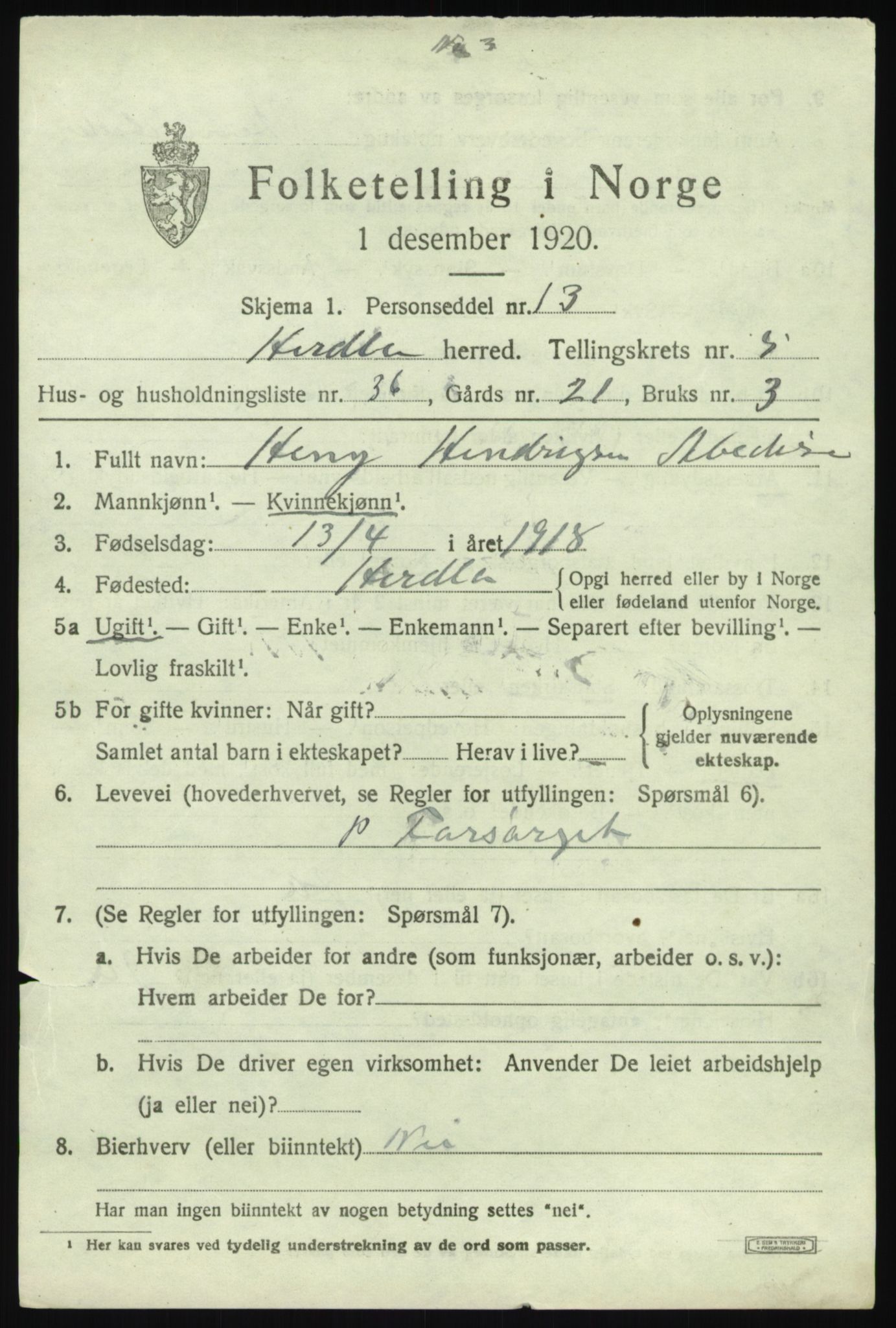 SAB, 1920 census for Herdla, 1920, p. 4355