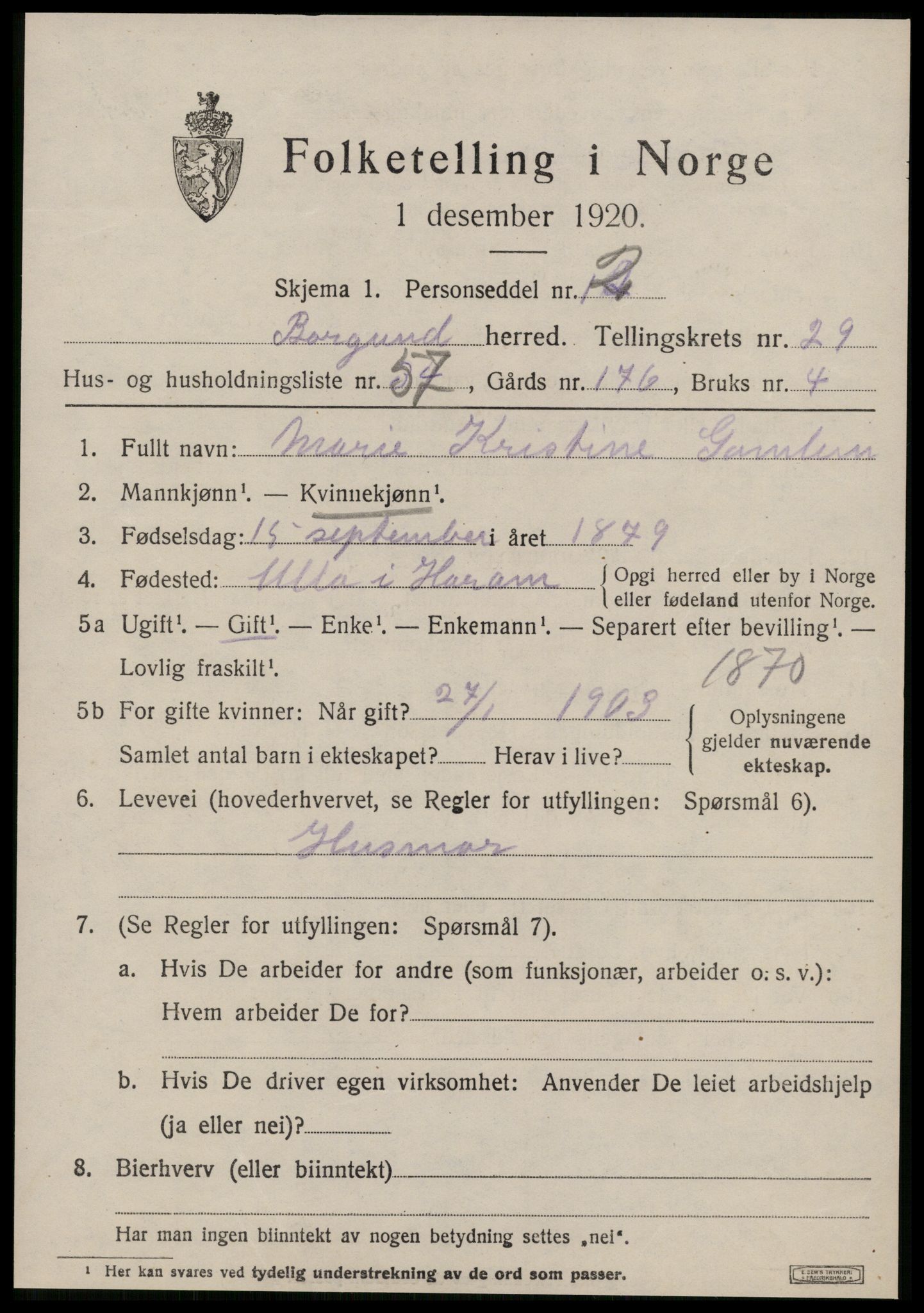 SAT, 1920 census for Borgund, 1920, p. 19334