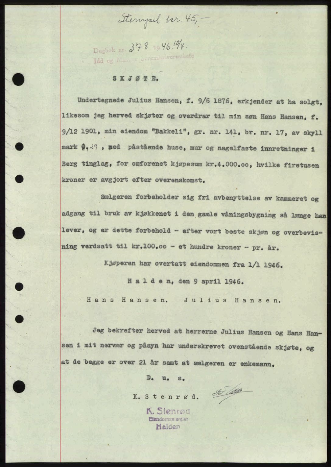 Idd og Marker sorenskriveri, AV/SAO-A-10283/G/Gb/Gbb/L0008: Mortgage book no. A8, 1946-1946, Diary no: : 378/1946