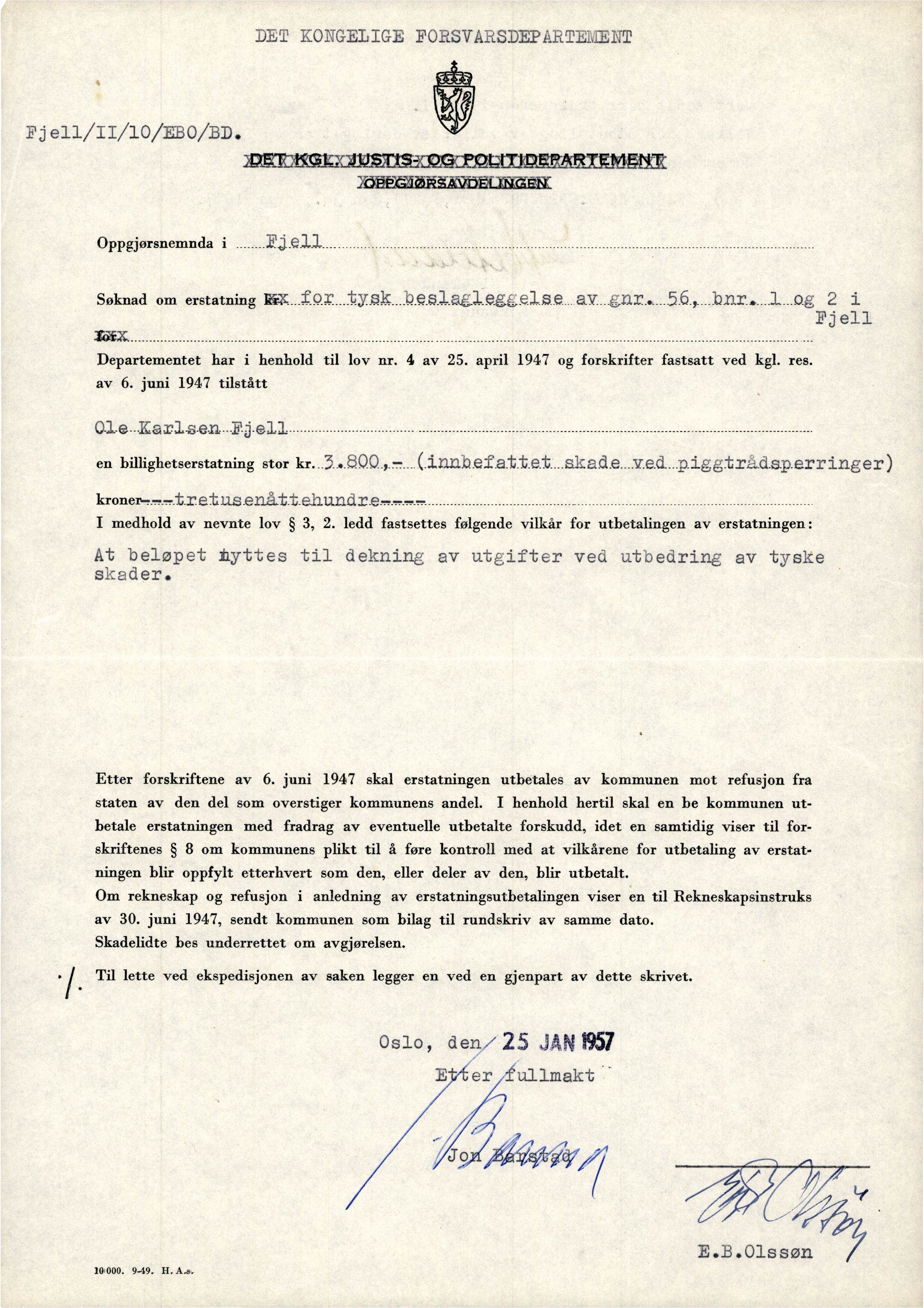 Fjell kommune. Formannskapet, IKAH/1246-021/D/Dc/Dca/L0013/0013/0001: Saksarkiv ordna etter Roalds arkivnøkkel / Krigsskadeerstatning, 1957