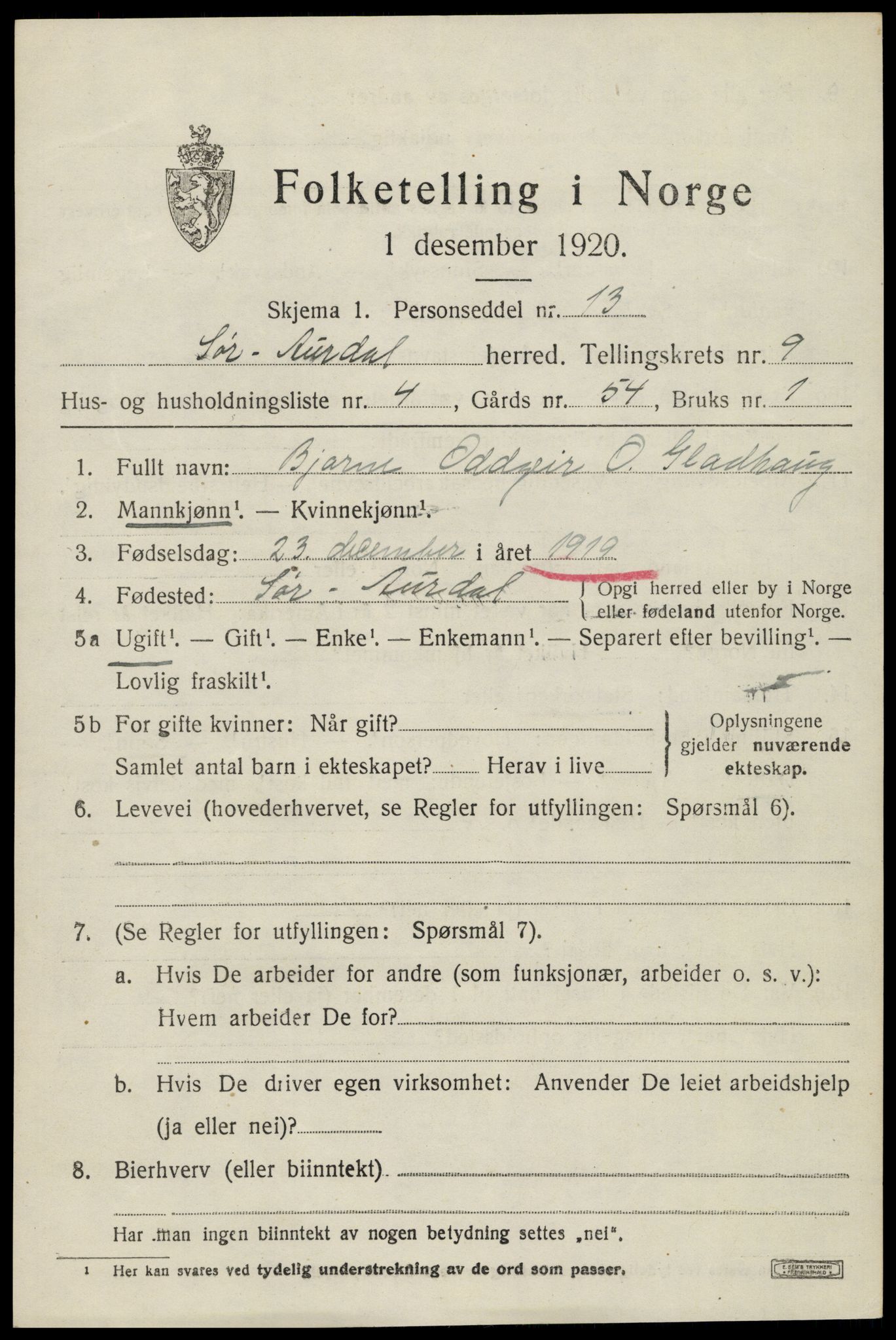 SAH, 1920 census for Sør-Aurdal, 1920, p. 5271