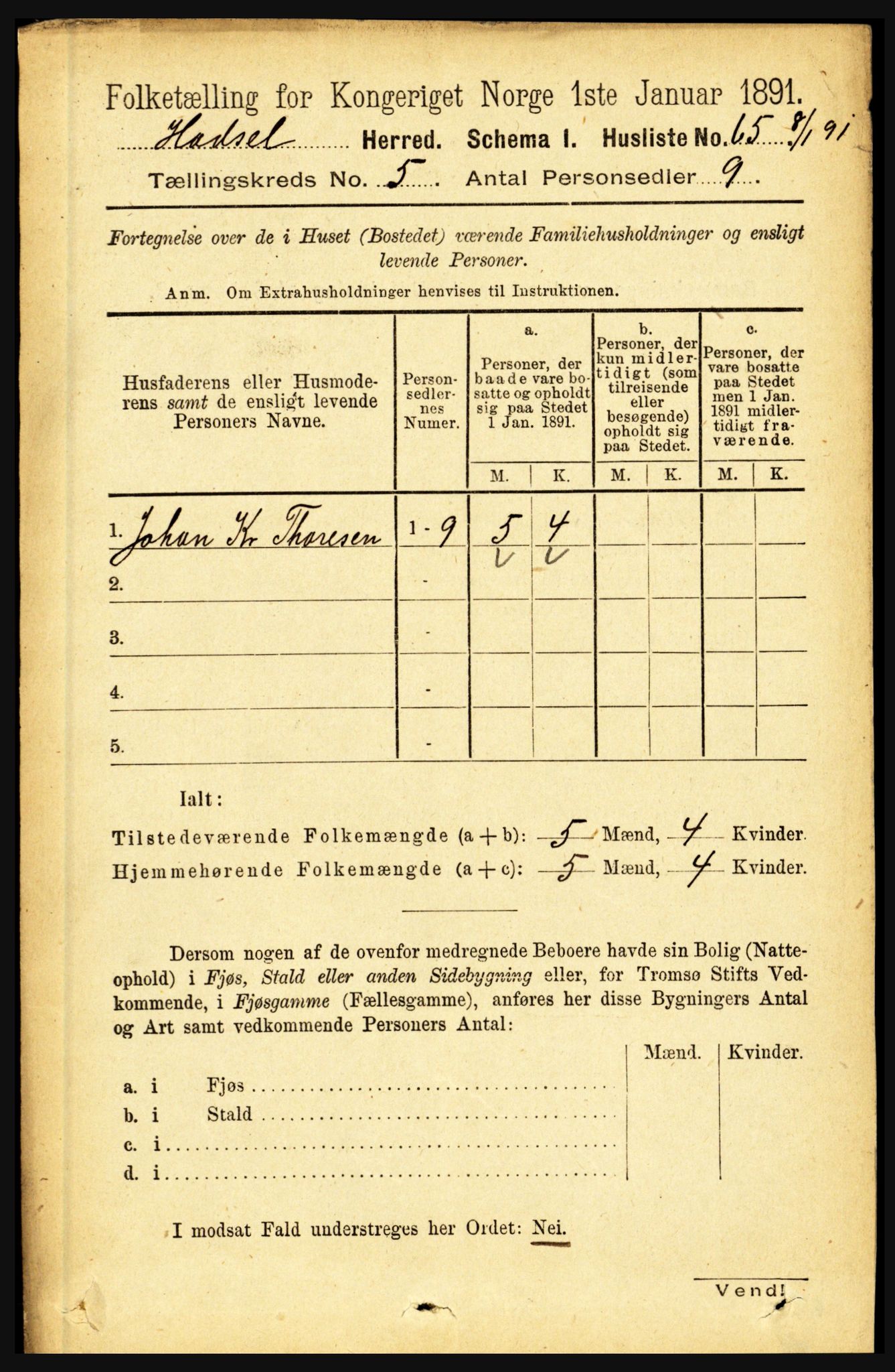 RA, 1891 census for 1866 Hadsel, 1891, p. 2121