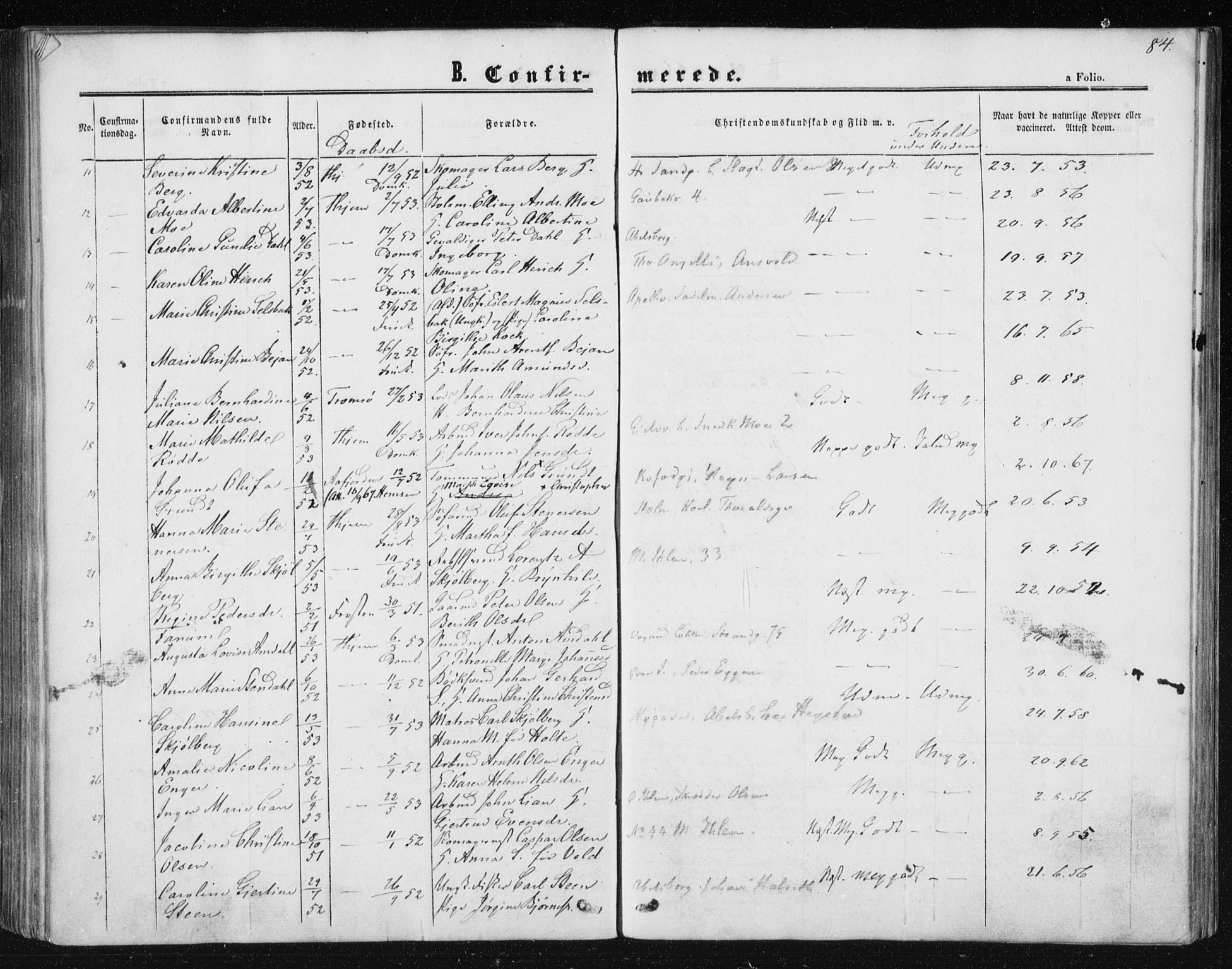 Ministerialprotokoller, klokkerbøker og fødselsregistre - Sør-Trøndelag, SAT/A-1456/602/L0114: Parish register (official) no. 602A12, 1856-1872, p. 84