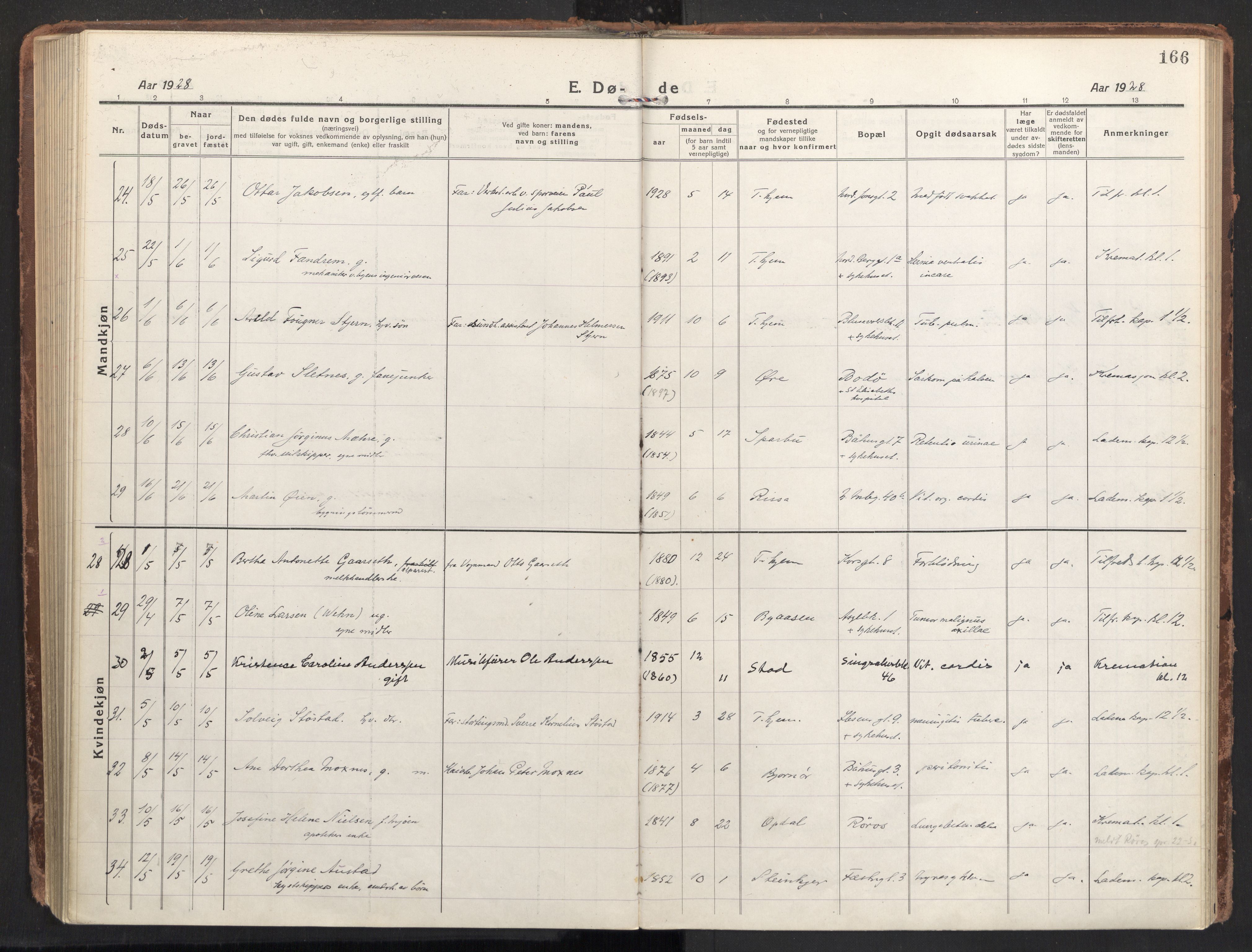 Ministerialprotokoller, klokkerbøker og fødselsregistre - Sør-Trøndelag, AV/SAT-A-1456/604/L0207: Parish register (official) no. 604A27, 1917-1933, p. 166