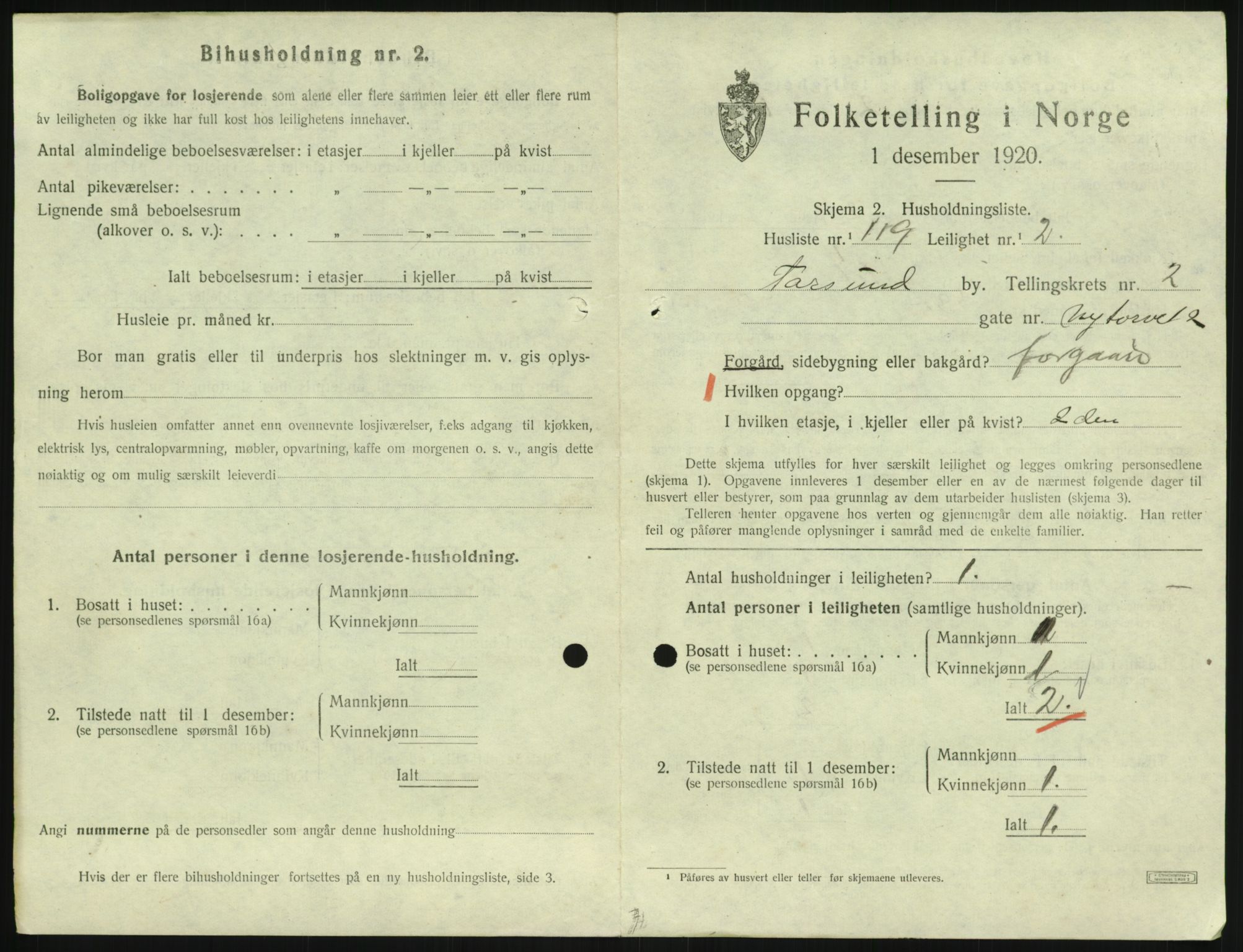 SAK, 1920 census for Farsund, 1920, p. 1219