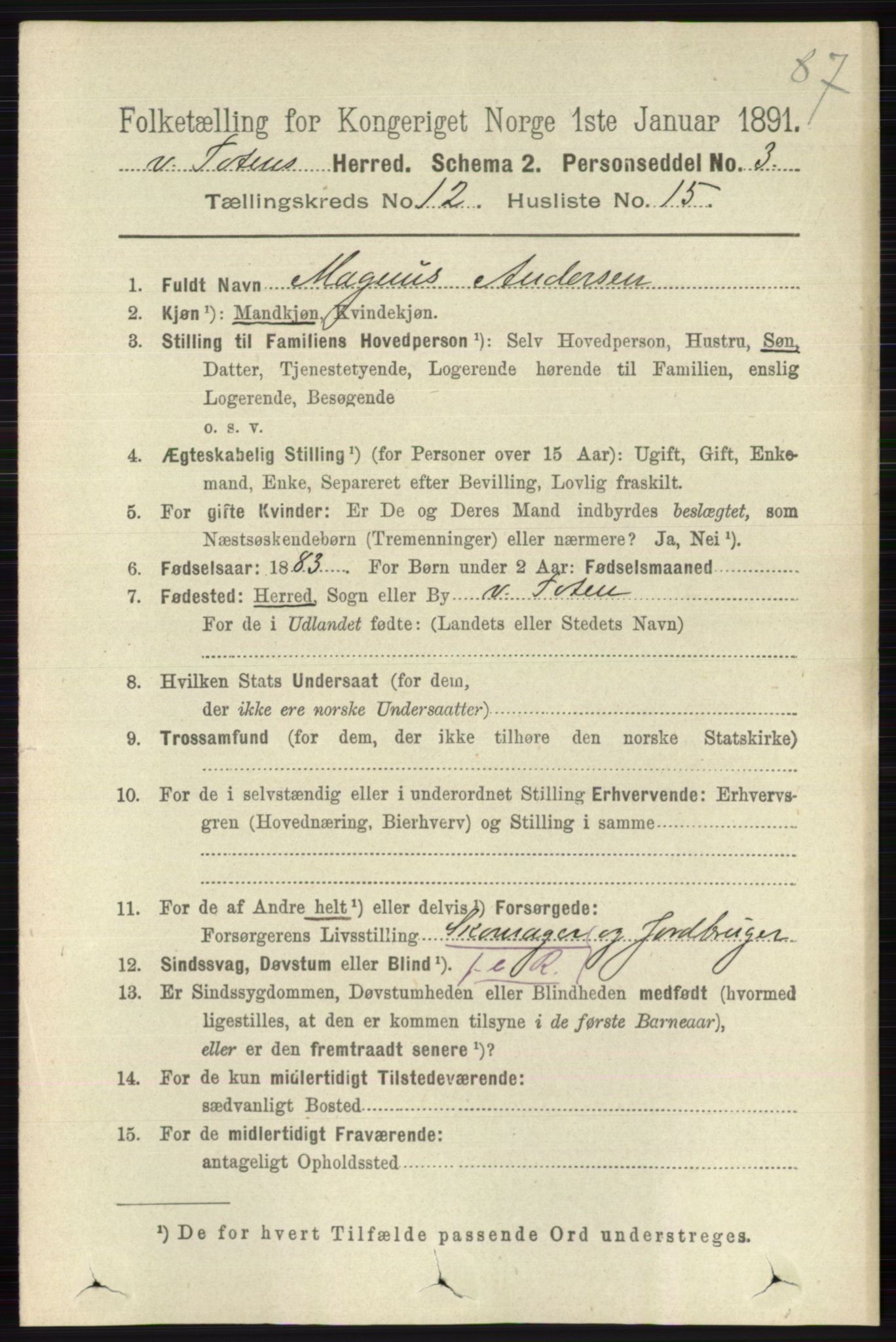 RA, 1891 census for 0529 Vestre Toten, 1891, p. 7368