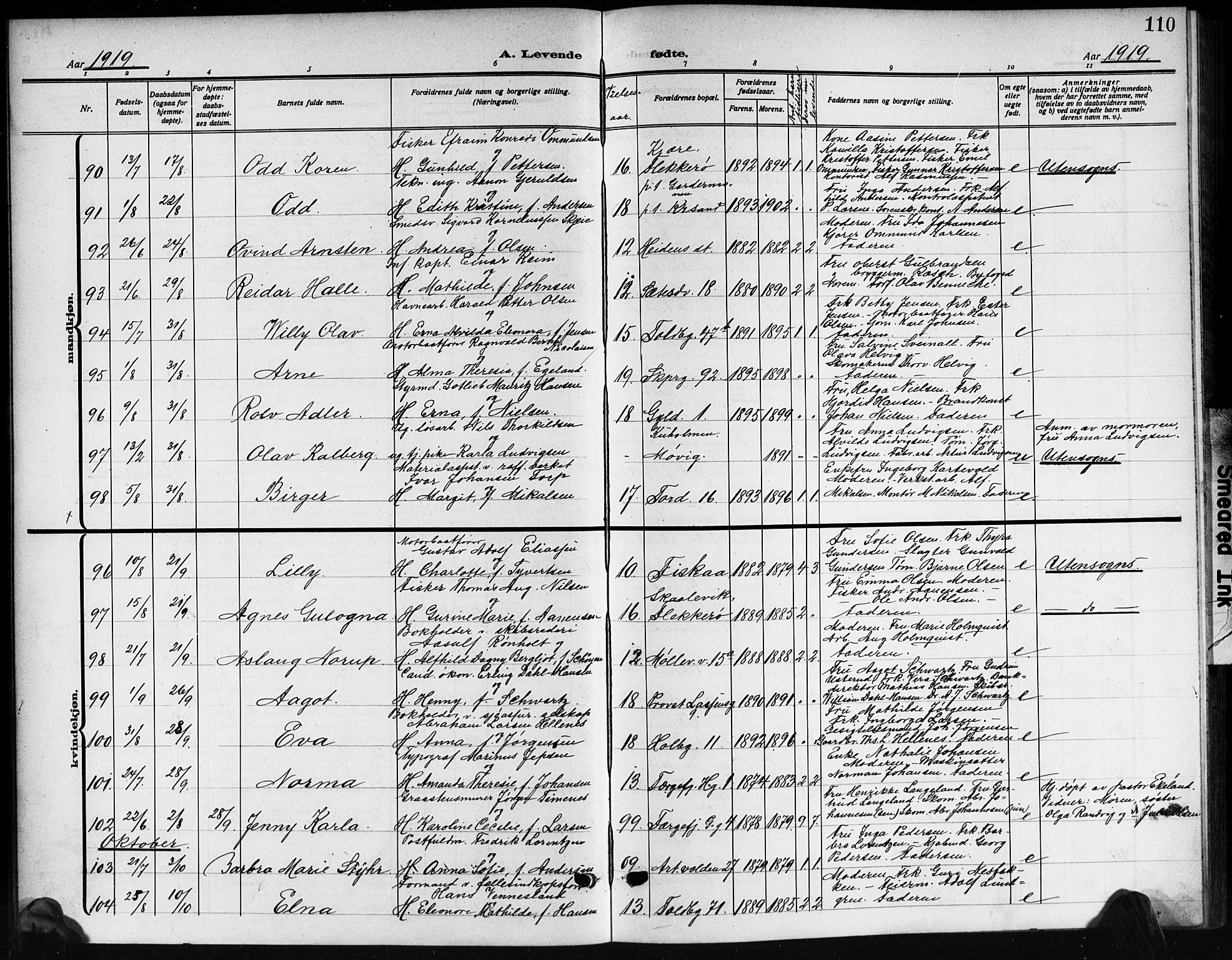 Kristiansand domprosti, SAK/1112-0006/F/Fb/L0021: Parish register (copy) no. B 21, 1914-1923, p. 110