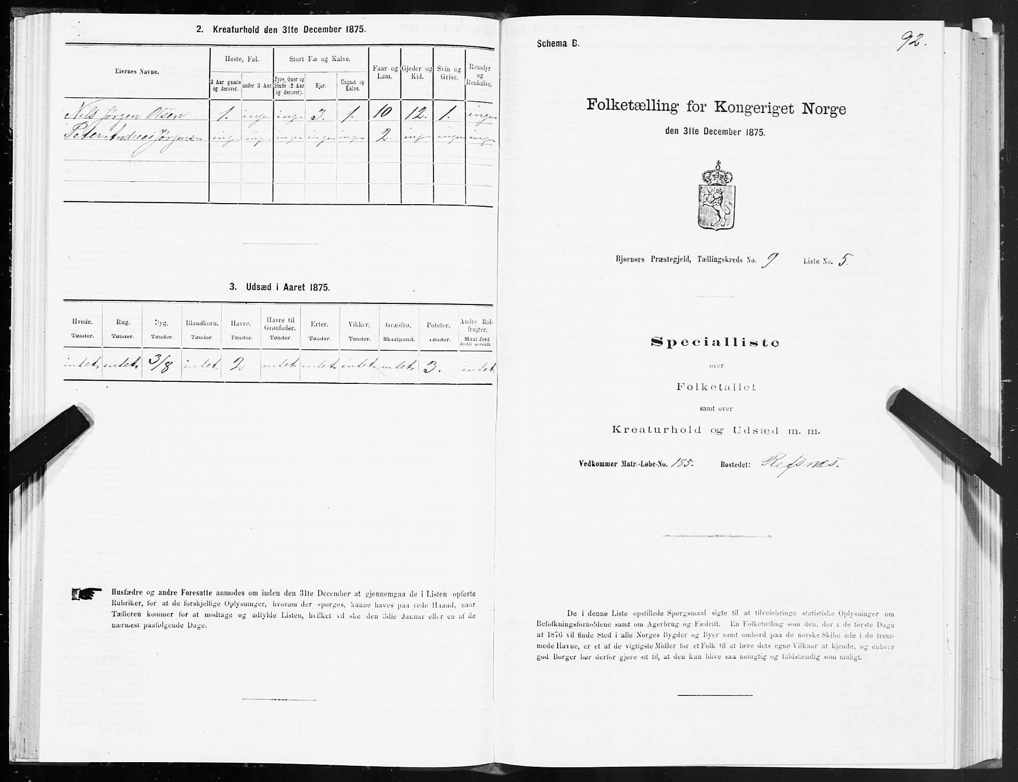 SAT, 1875 census for 1632P Bjørnør, 1875, p. 4092