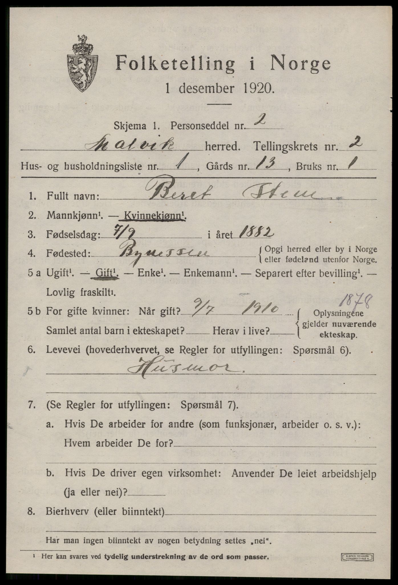 SAT, 1920 census for Malvik, 1920, p. 1834