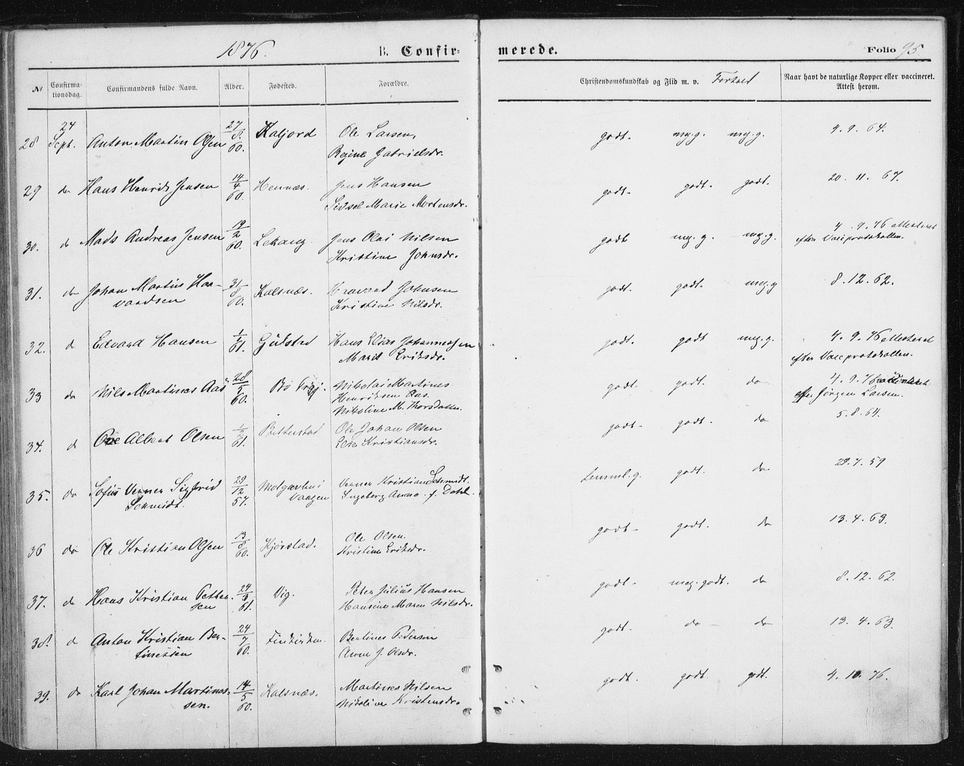 Ministerialprotokoller, klokkerbøker og fødselsregistre - Nordland, AV/SAT-A-1459/888/L1243: Parish register (official) no. 888A09, 1876-1879, p. 95