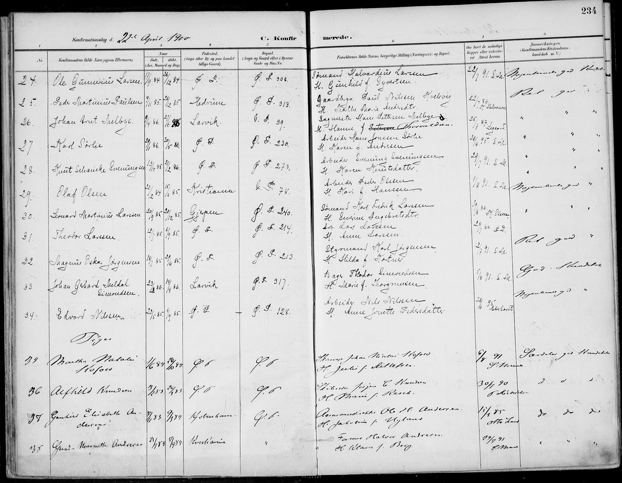 Porsgrunn kirkebøker , SAKO/A-104/F/Fa/L0011: Parish register (official) no. 11, 1895-1919, p. 234