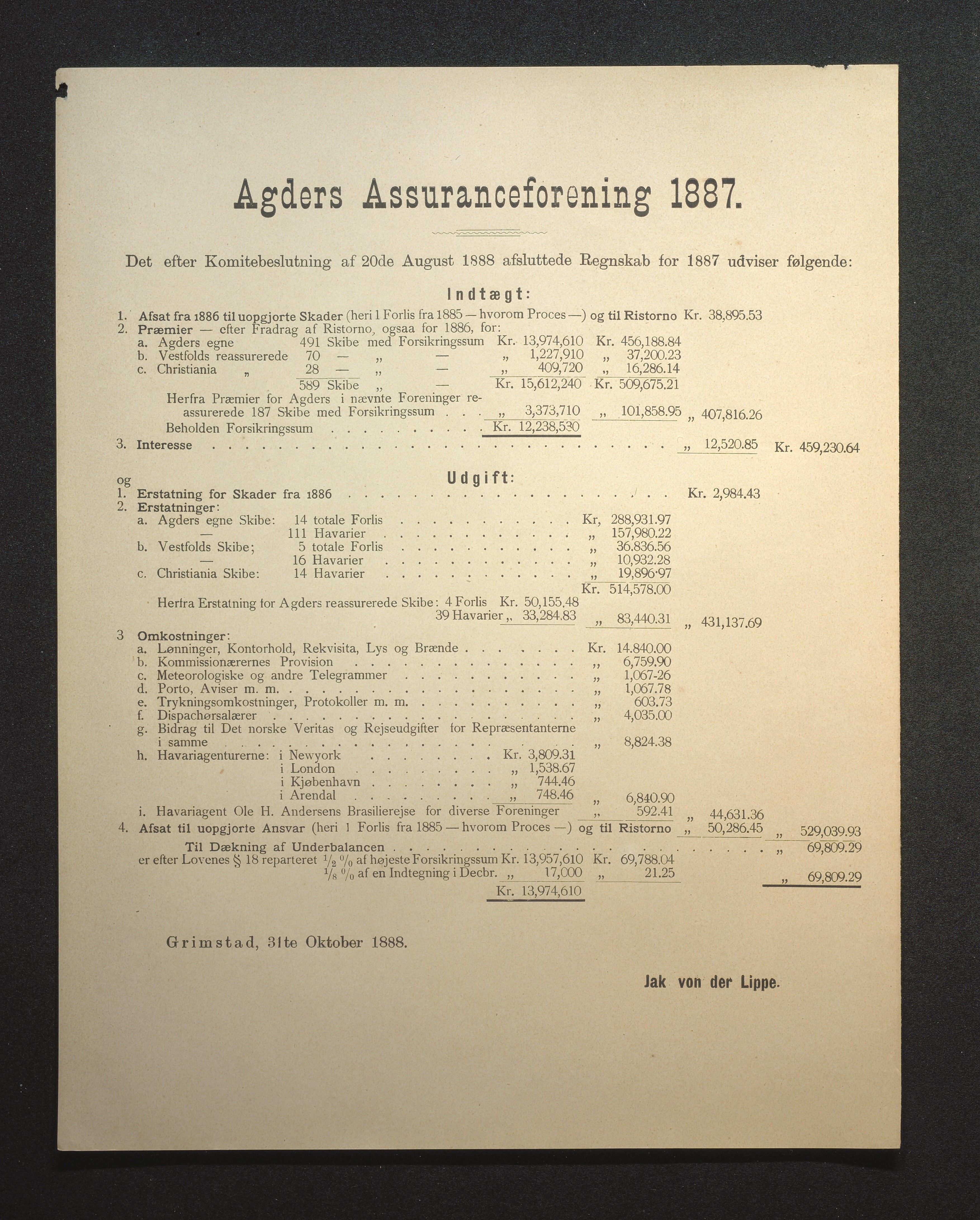 Agders Gjensidige Assuranceforening, AAKS/PA-1718/05/L0002: Regnskap, seilavdeling, pakkesak, 1881-1889