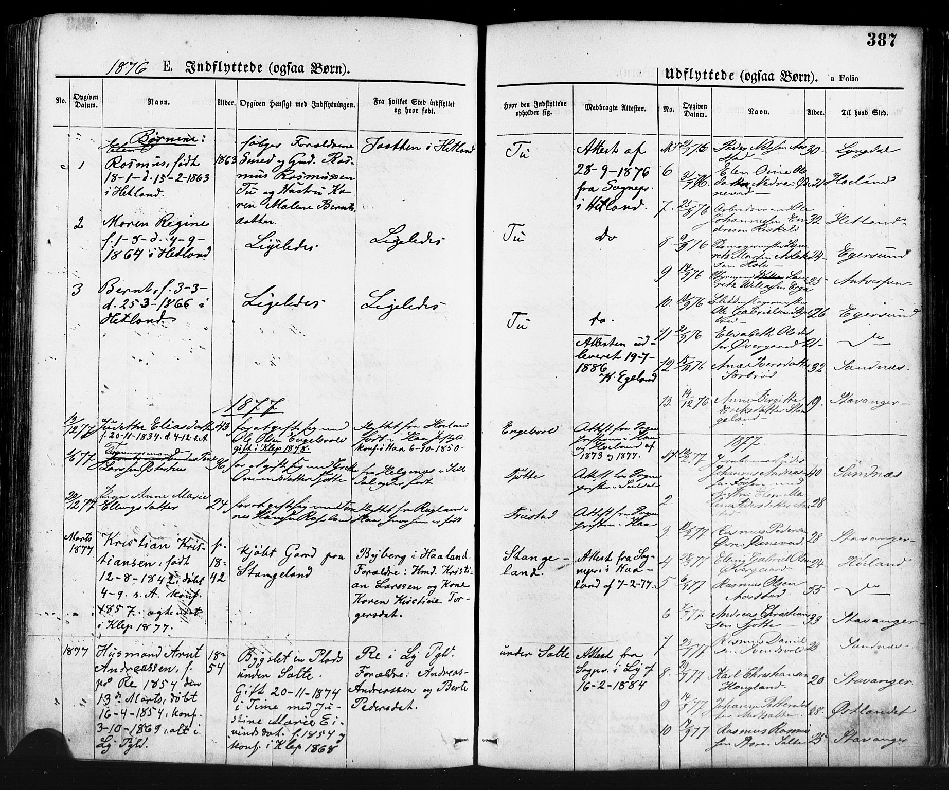 Klepp sokneprestkontor, AV/SAST-A-101803/001/3/30BA/L0006: Parish register (official) no. A 6, 1871-1885, p. 387