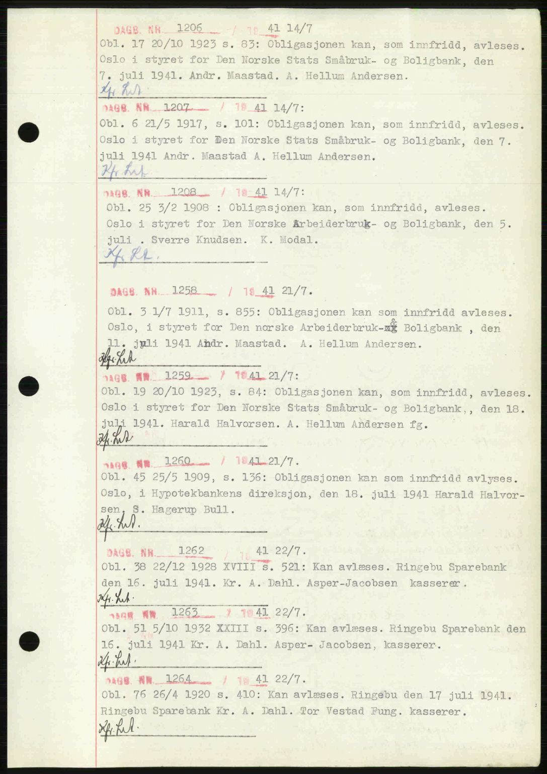 Sør-Gudbrandsdal tingrett, SAH/TING-004/H/Hb/Hbf/L0002: Mortgage book no. C1, 1938-1951, Diary no: : 1206/1941