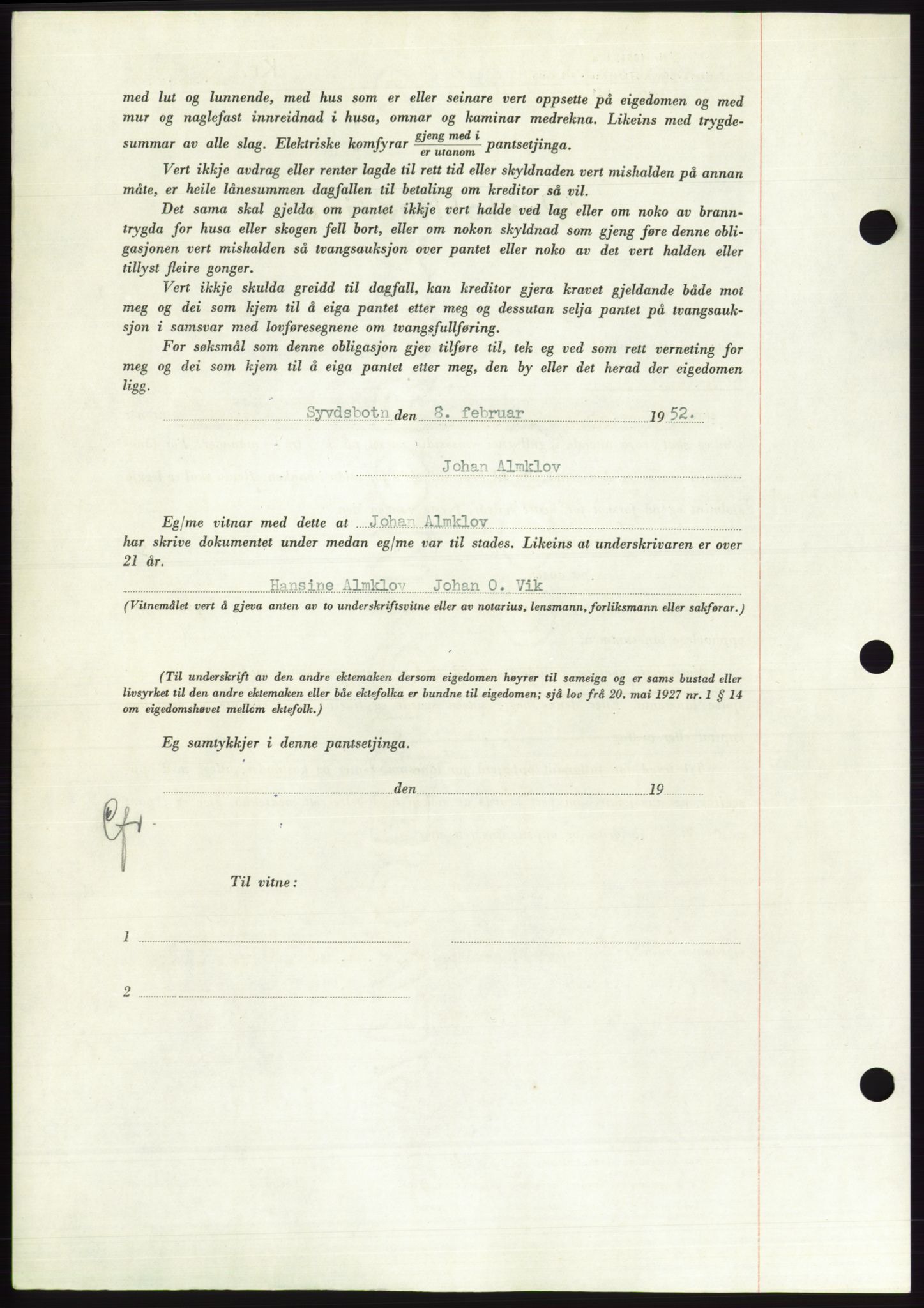 Søre Sunnmøre sorenskriveri, AV/SAT-A-4122/1/2/2C/L0121: Mortgage book no. 9B, 1951-1952, Diary no: : 261/1952