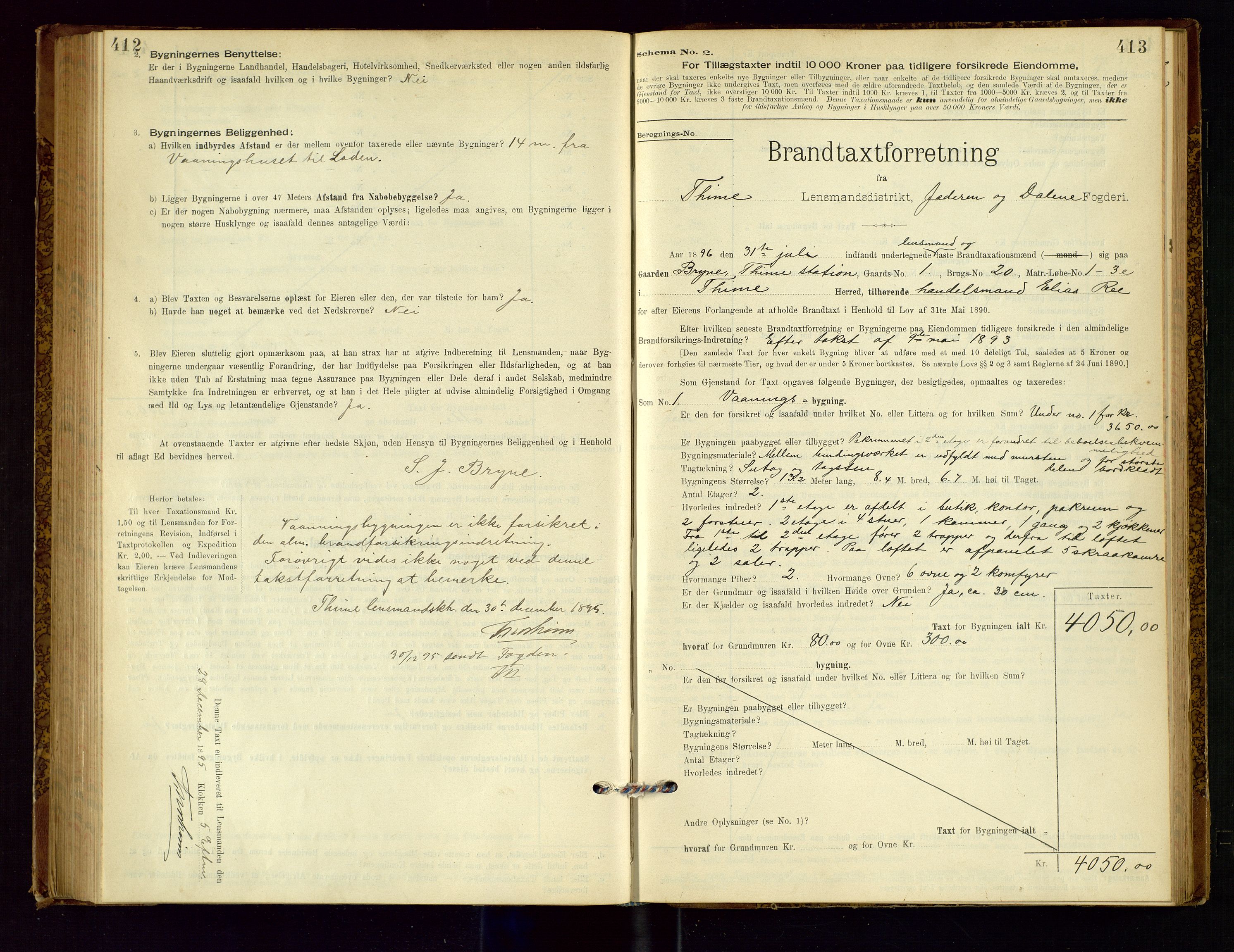 Time lensmannskontor, AV/SAST-A-100420/Gob/L0001: Branntakstprotokoll, 1896-1914, p. 412-413