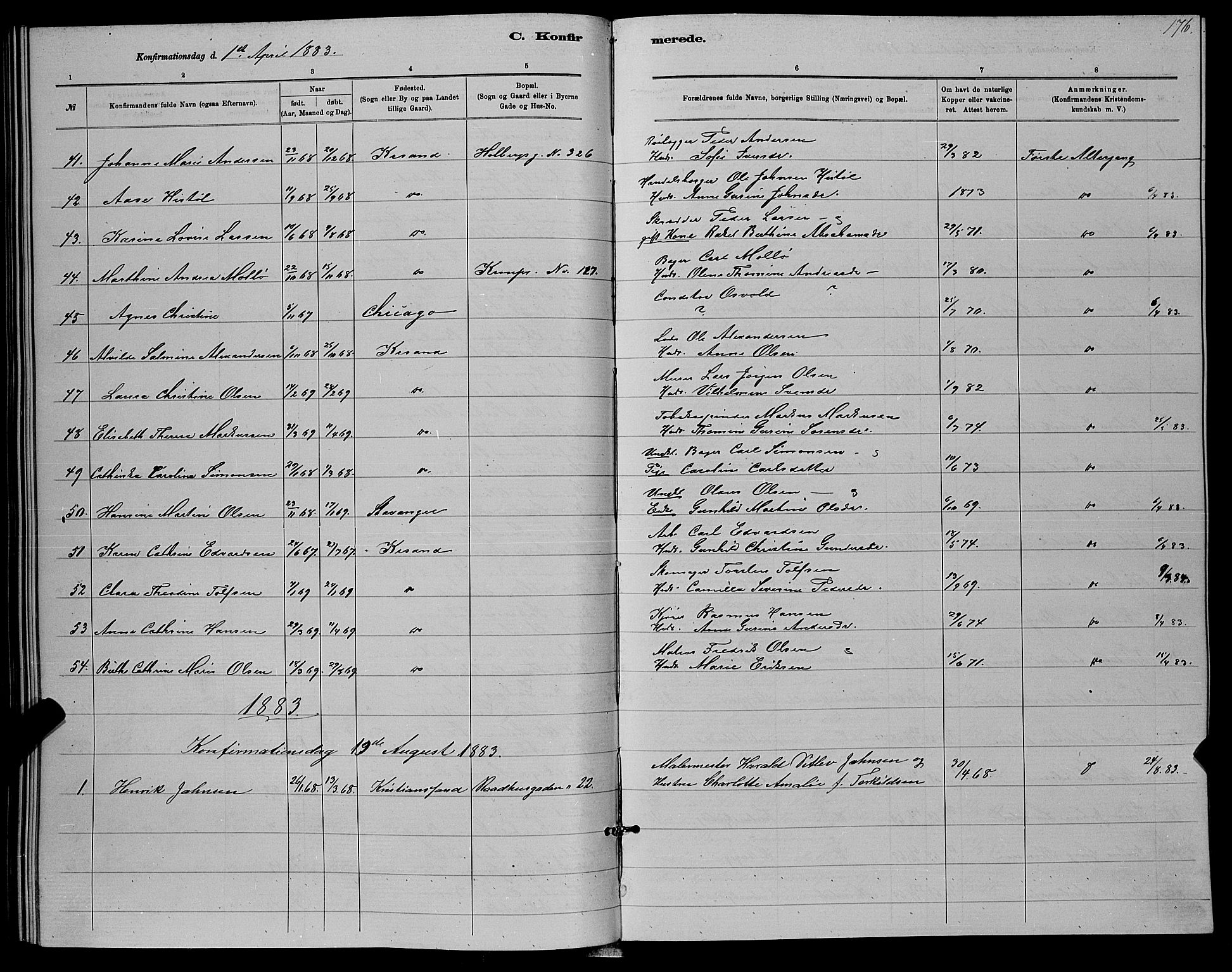 Kristiansand domprosti, SAK/1112-0006/F/Fb/L0016: Parish register (copy) no. B 16, 1881-1893, p. 176