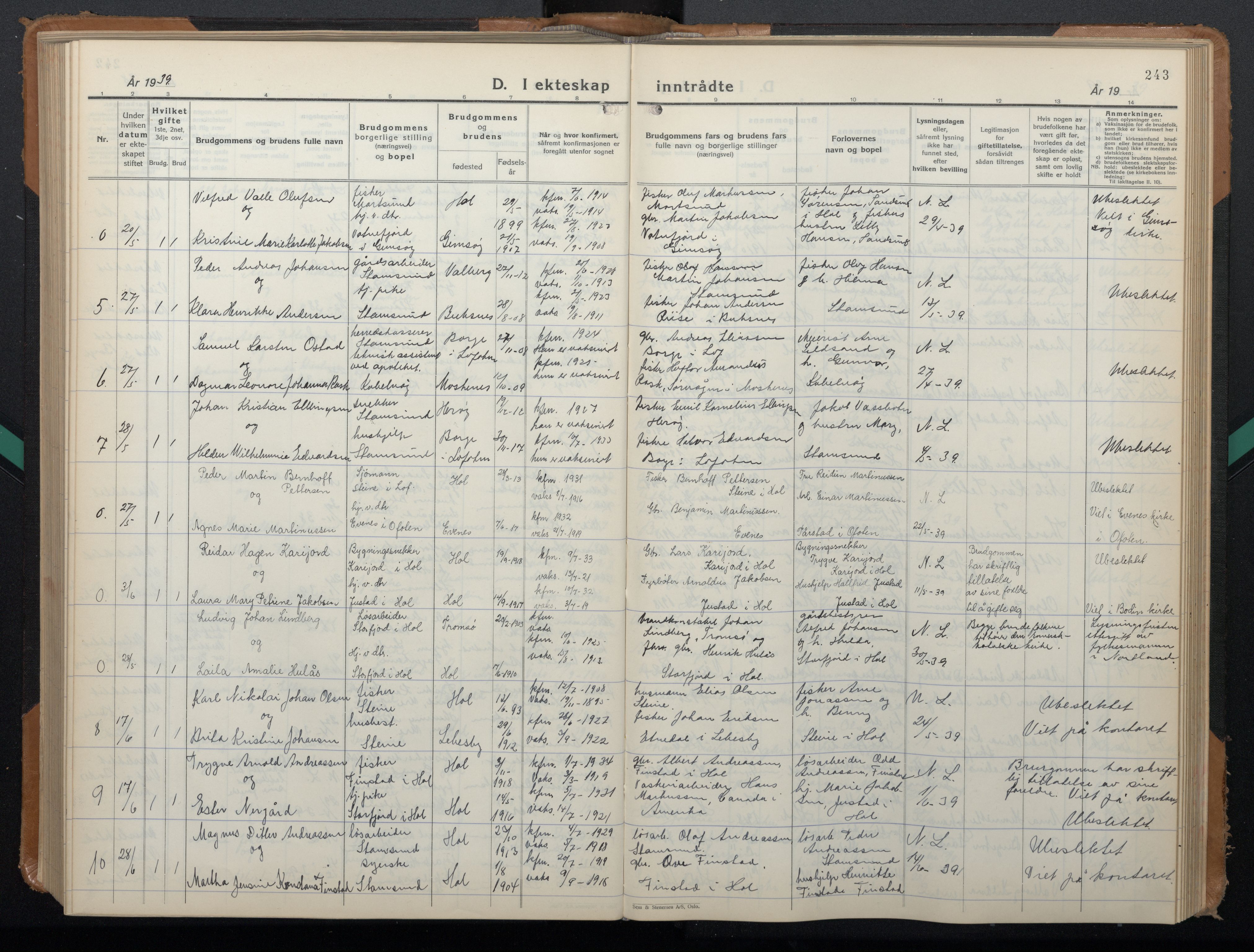 Ministerialprotokoller, klokkerbøker og fødselsregistre - Nordland, AV/SAT-A-1459/882/L1184: Parish register (copy) no. 882C02, 1932-1951, p. 243