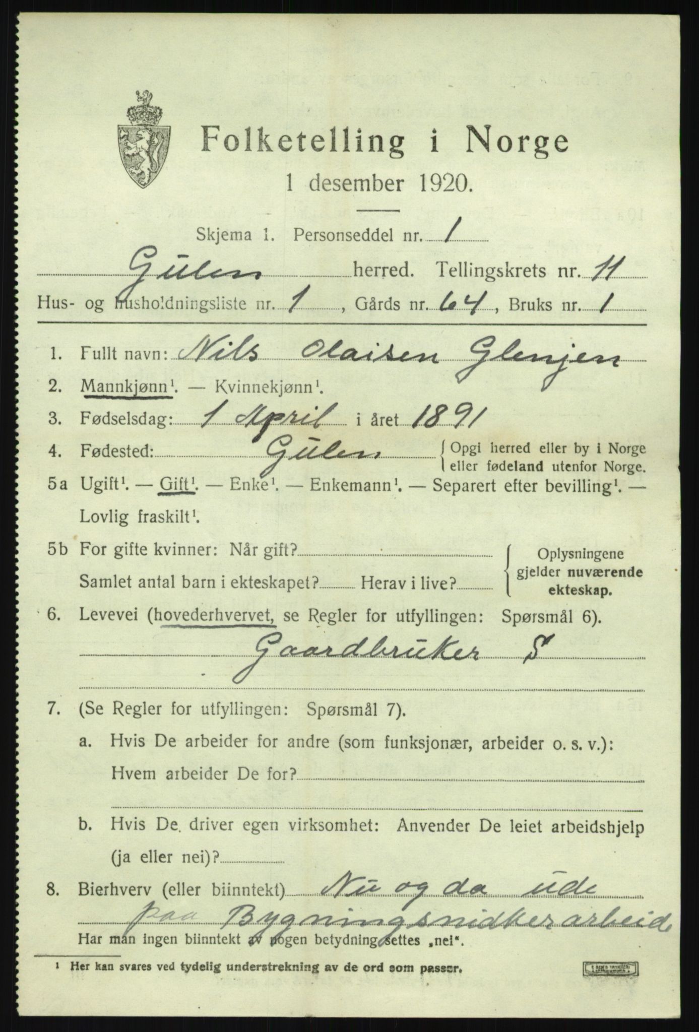 SAB, 1920 census for Gulen, 1920, p. 4979