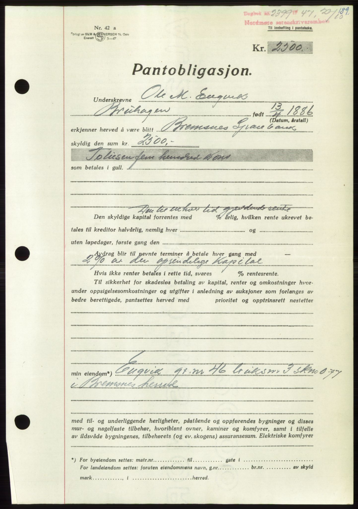 Nordmøre sorenskriveri, AV/SAT-A-4132/1/2/2Ca: Mortgage book no. B97, 1947-1948, Diary no: : 2399/1947