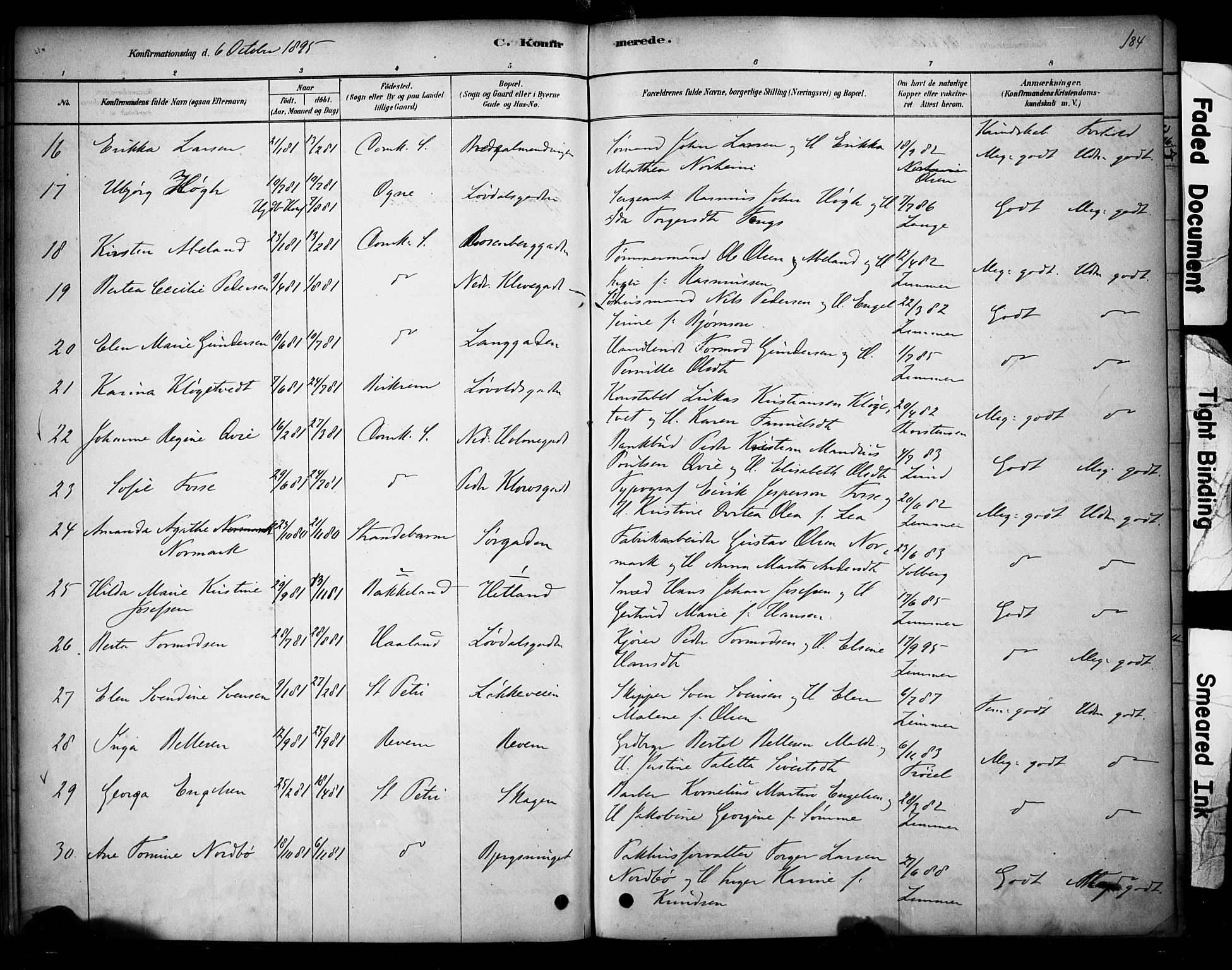 Domkirken sokneprestkontor, SAST/A-101812/001/30/30BA/L0028: Parish register (official) no. A 27, 1878-1896, p. 184