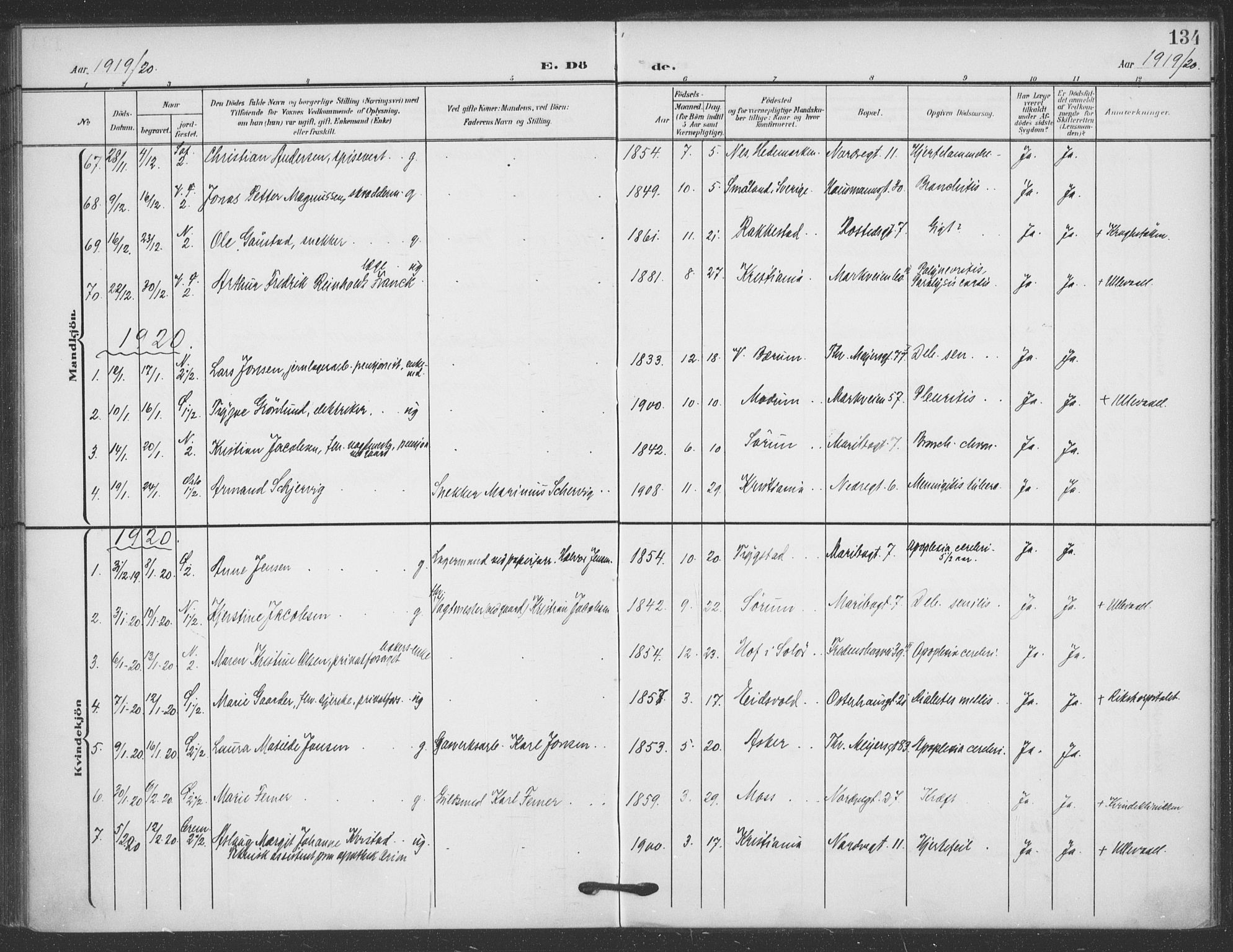 Jakob prestekontor Kirkebøker, SAO/A-10850/F/Fa/L0011: Parish register (official) no. 11, 1906-1920, p. 134
