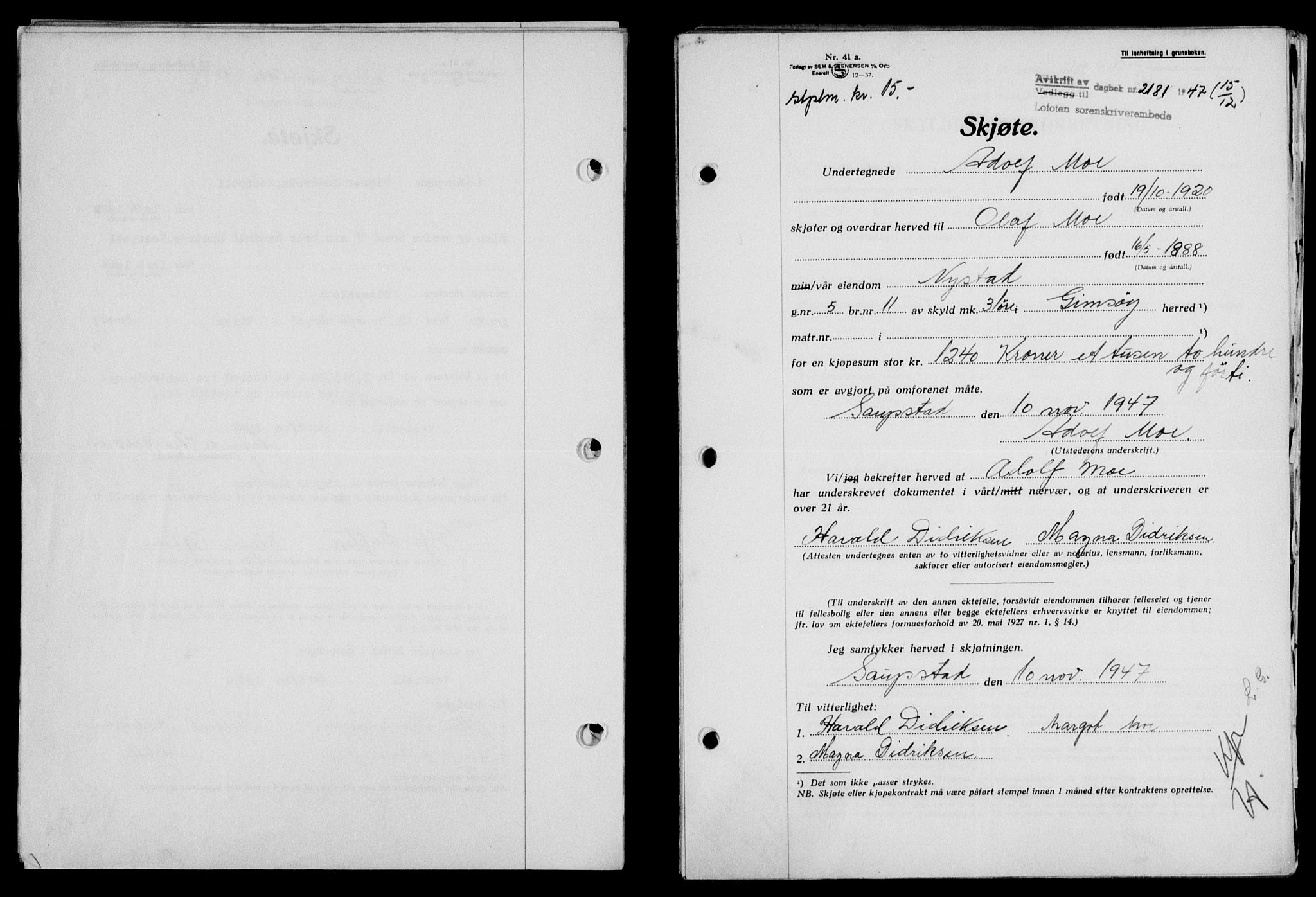 Lofoten sorenskriveri, SAT/A-0017/1/2/2C/L0017a: Mortgage book no. 17a, 1947-1948, Diary no: : 2181/1947