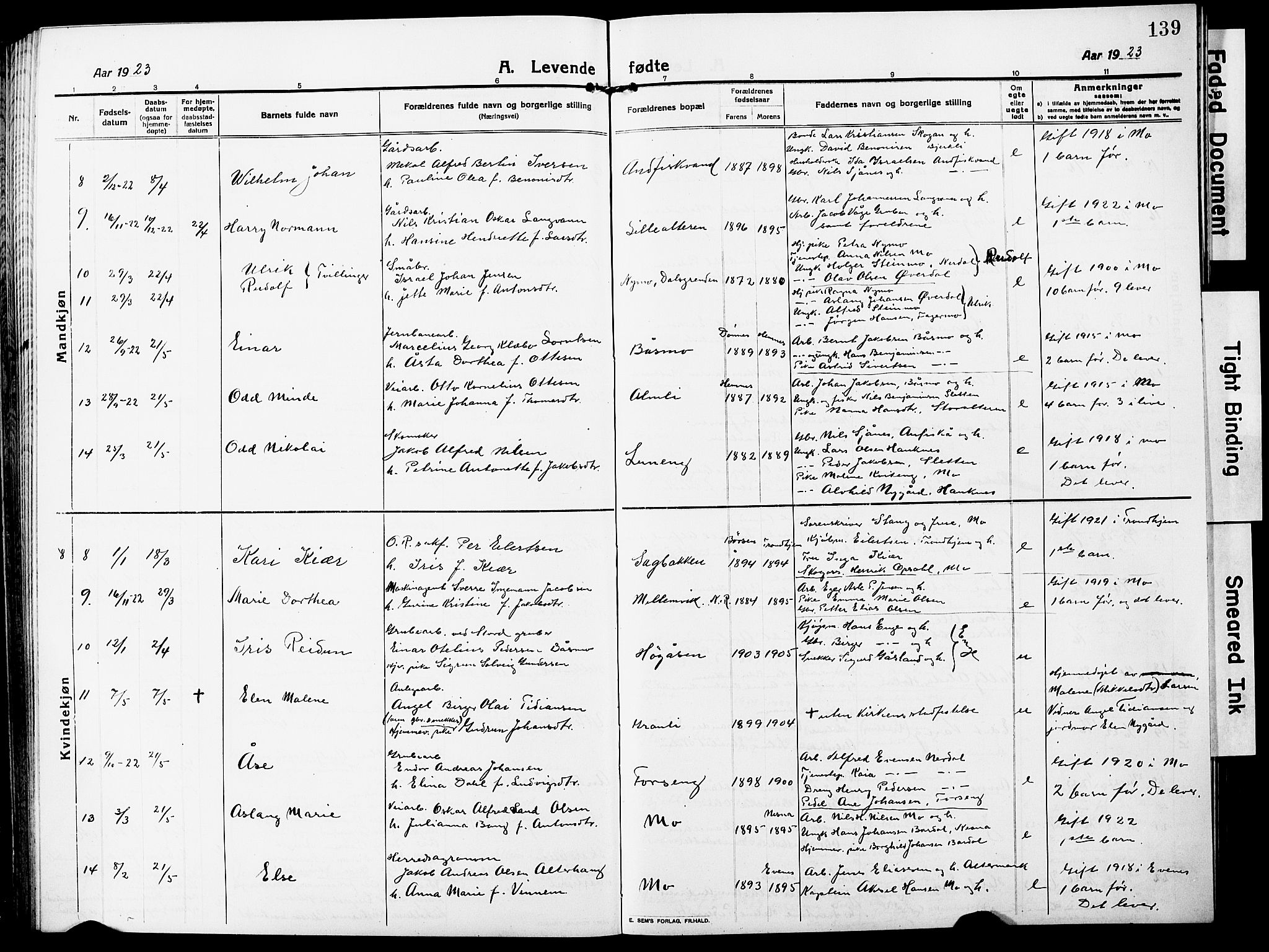 Ministerialprotokoller, klokkerbøker og fødselsregistre - Nordland, AV/SAT-A-1459/827/L0423: Parish register (copy) no. 827C12, 1912-1930, p. 139