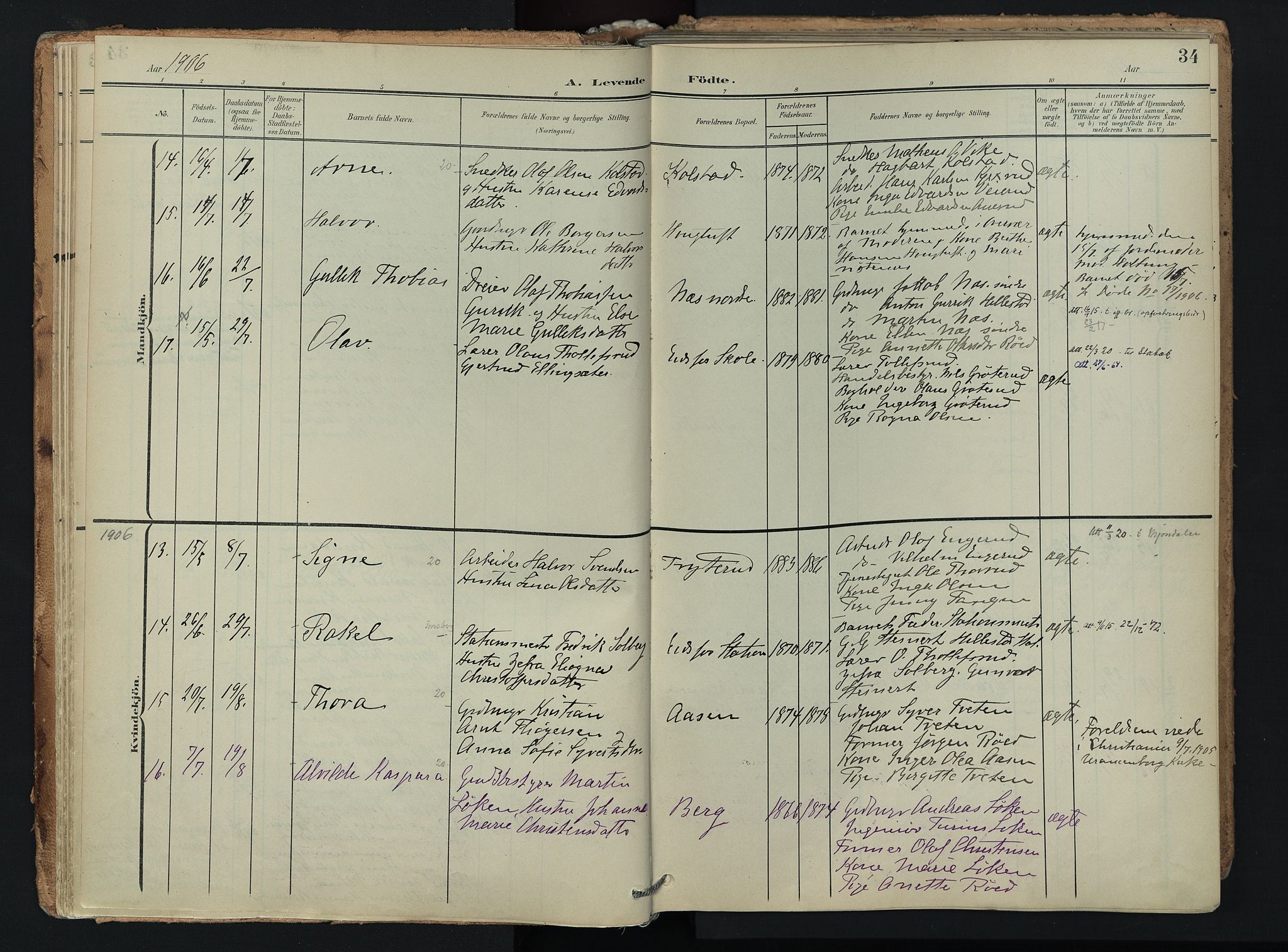 Hof kirkebøker, SAKO/A-64/F/Fa/L0008: Parish register (official) no. I 8, 1902-1921, p. 34