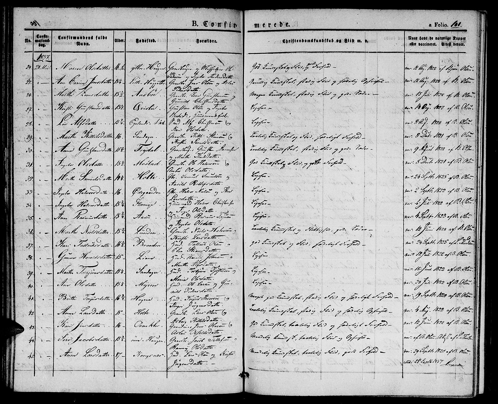 Gjerstad sokneprestkontor, AV/SAK-1111-0014/F/Fa/Faa/L0005: Parish register (official) no. A 5, 1829-1841, p. 101