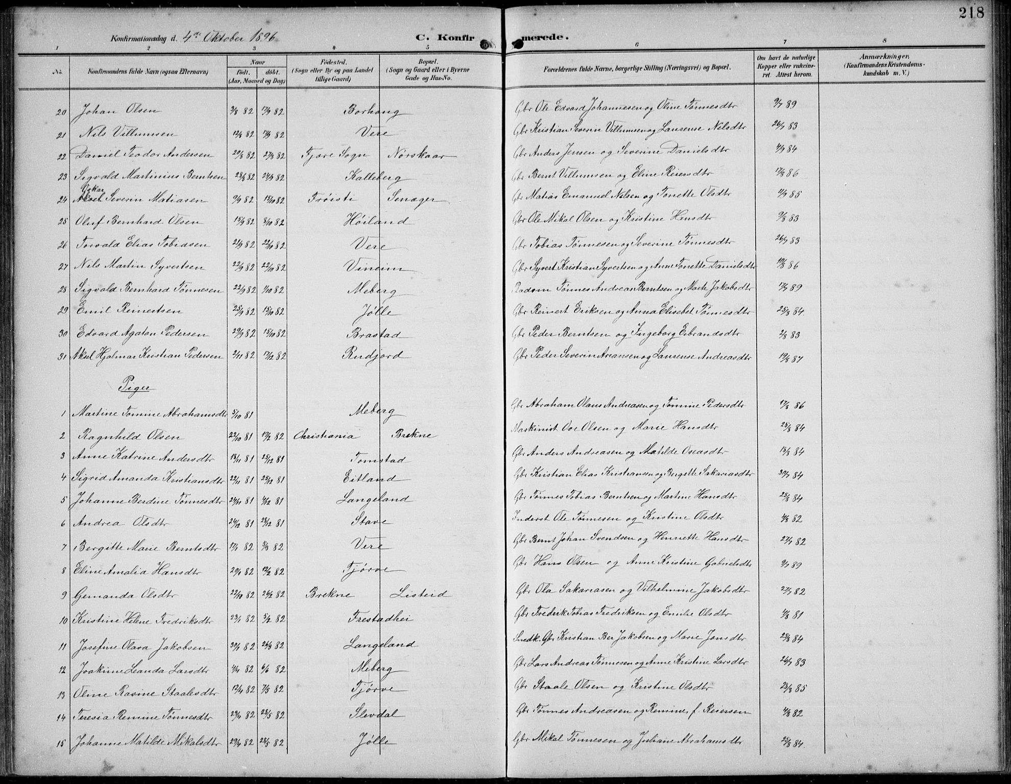 Lista sokneprestkontor, AV/SAK-1111-0027/F/Fb/L0005: Parish register (copy) no. B 5, 1892-1923, p. 218