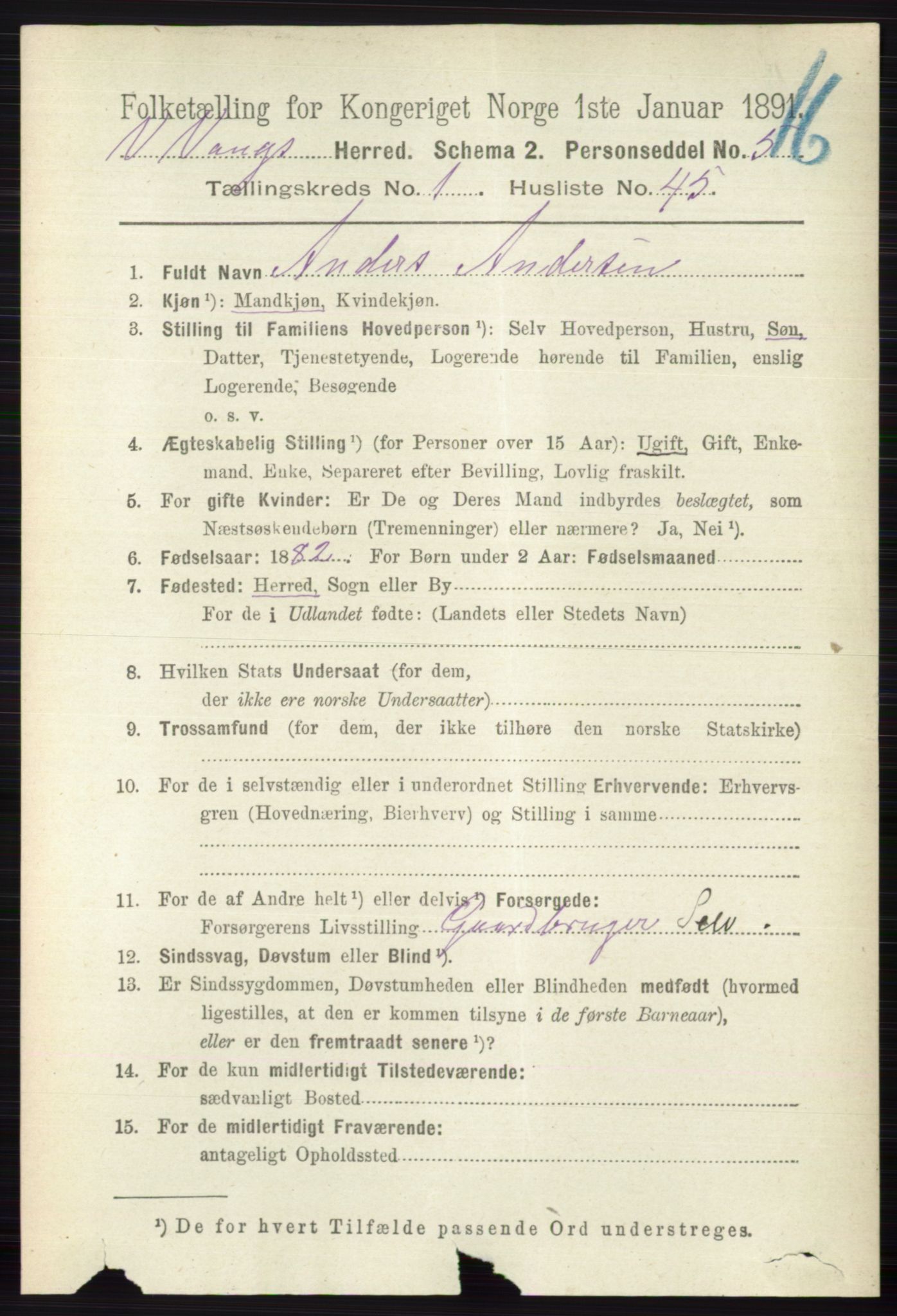 RA, 1891 census for 0545 Vang, 1891, p. 343