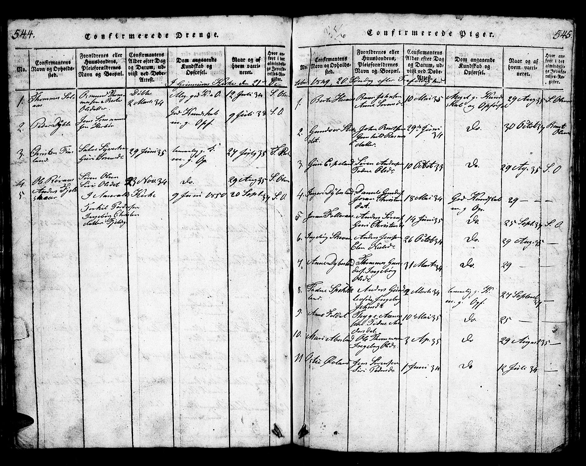Bjelland sokneprestkontor, SAK/1111-0005/F/Fb/Fbb/L0003: Parish register (copy) no. B 3, 1816-1868, p. 544-545