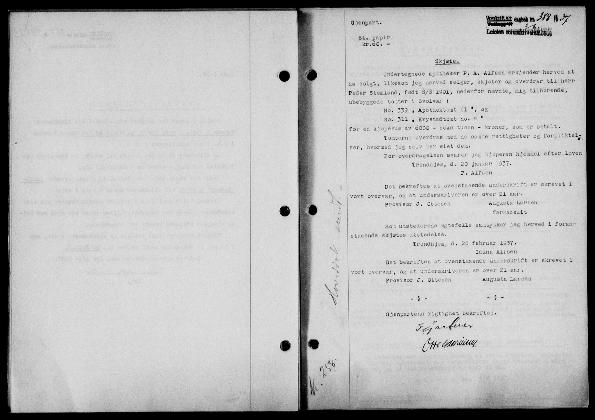 Lofoten sorenskriveri, SAT/A-0017/1/2/2C/L0001a: Mortgage book no. 1a, 1936-1937, Diary no: : 388/1937