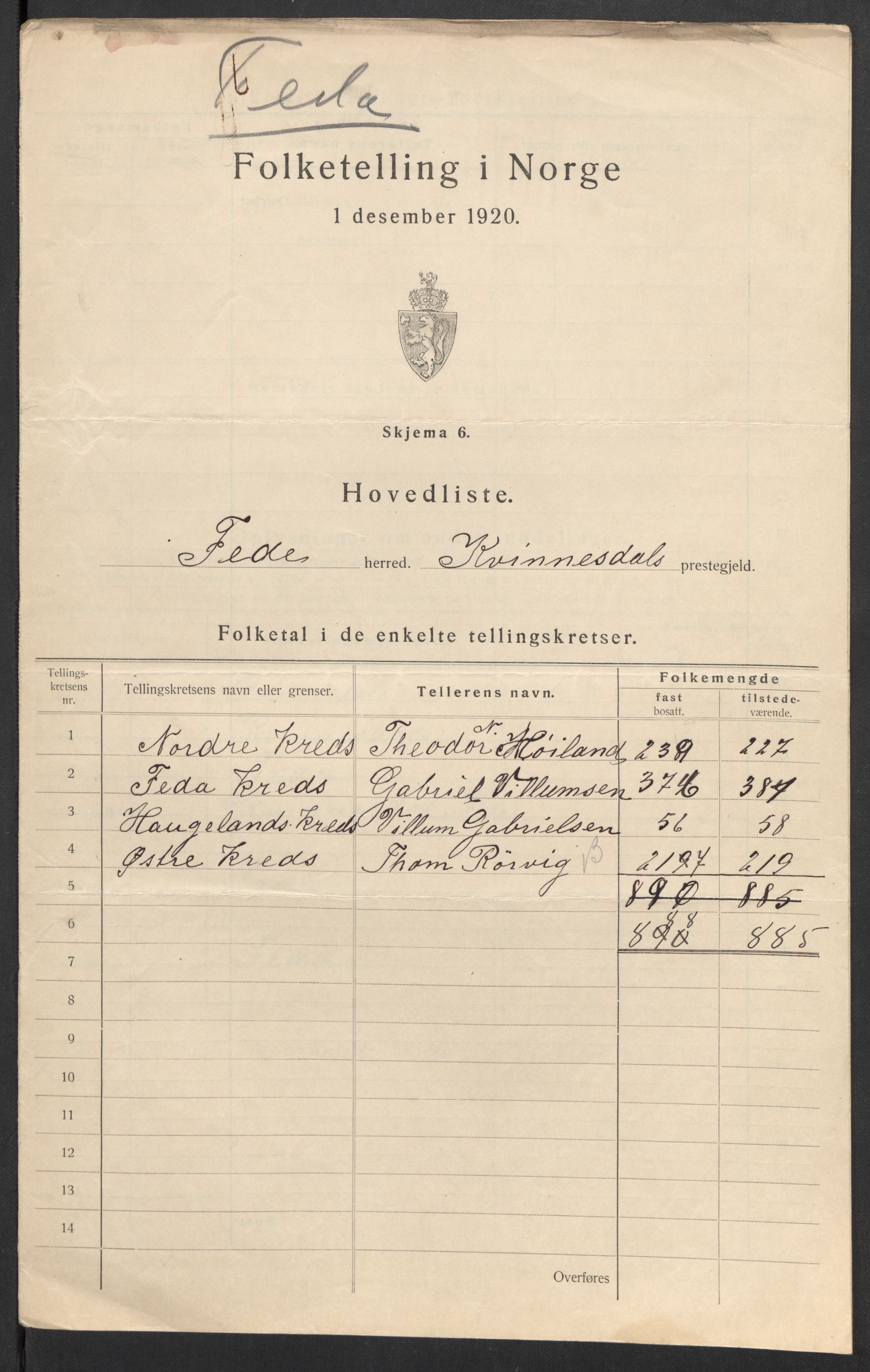 SAK, 1920 census for Feda, 1920, p. 6