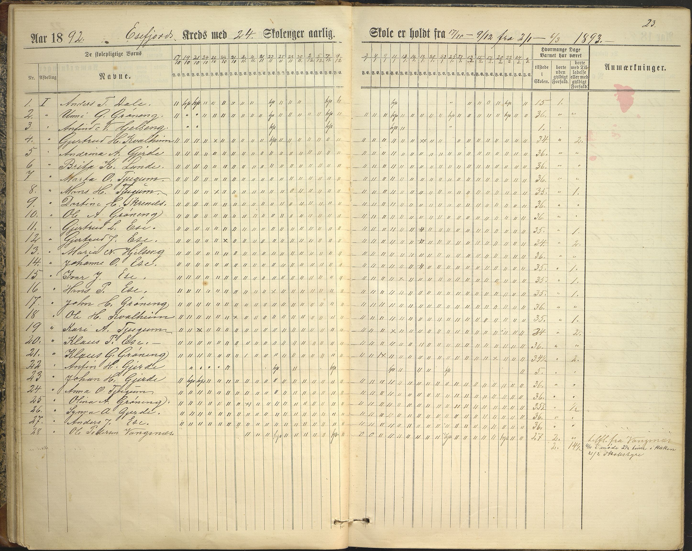 Balestrand kommune. Grøneng skule/Esefjorden skulekrins, VLFK/K-14180.520.07/543/L0001: dagbok for Esefjorden skulekrins, 1882-1905, p. 23