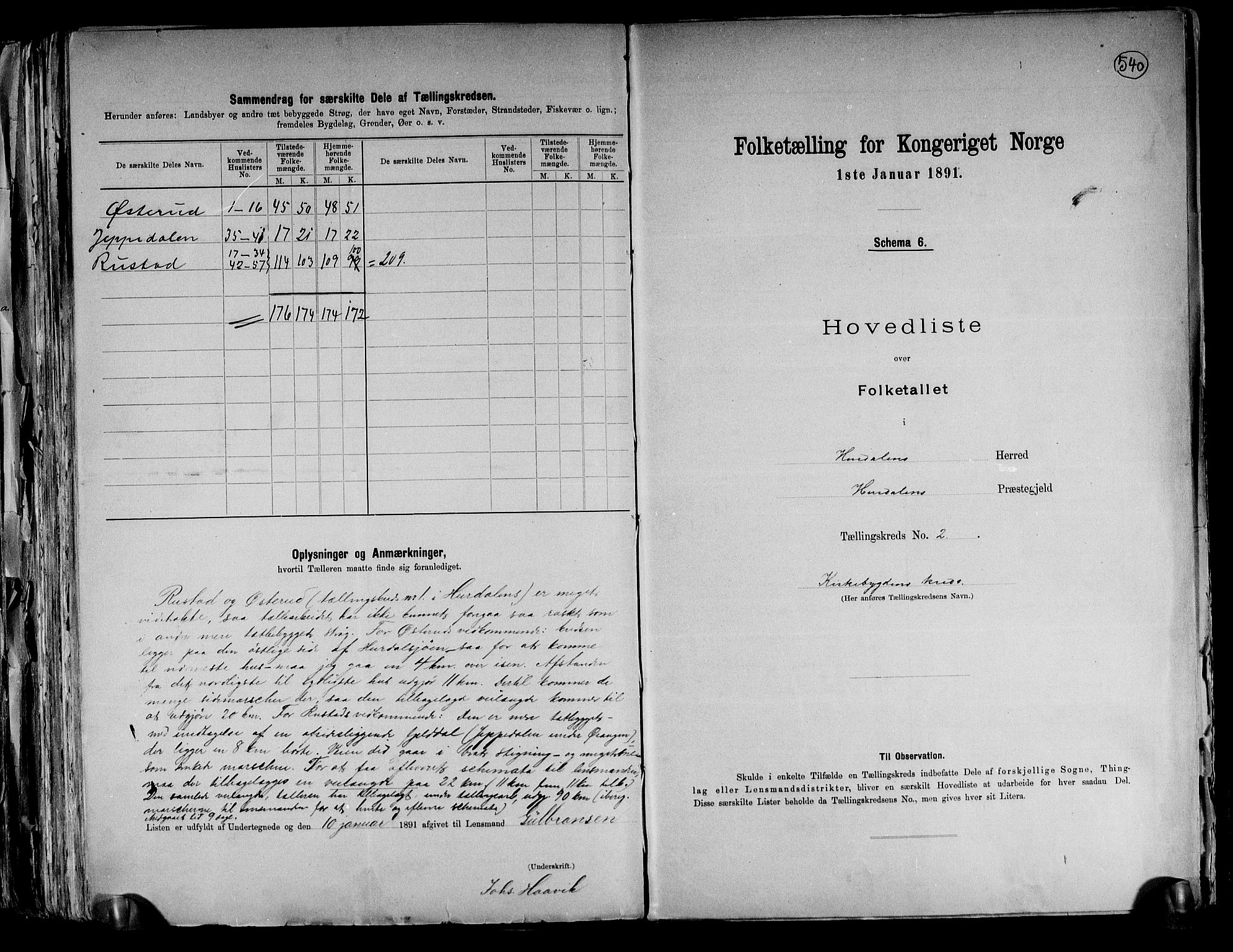 RA, 1891 census for 0239 Hurdal, 1891, p. 6