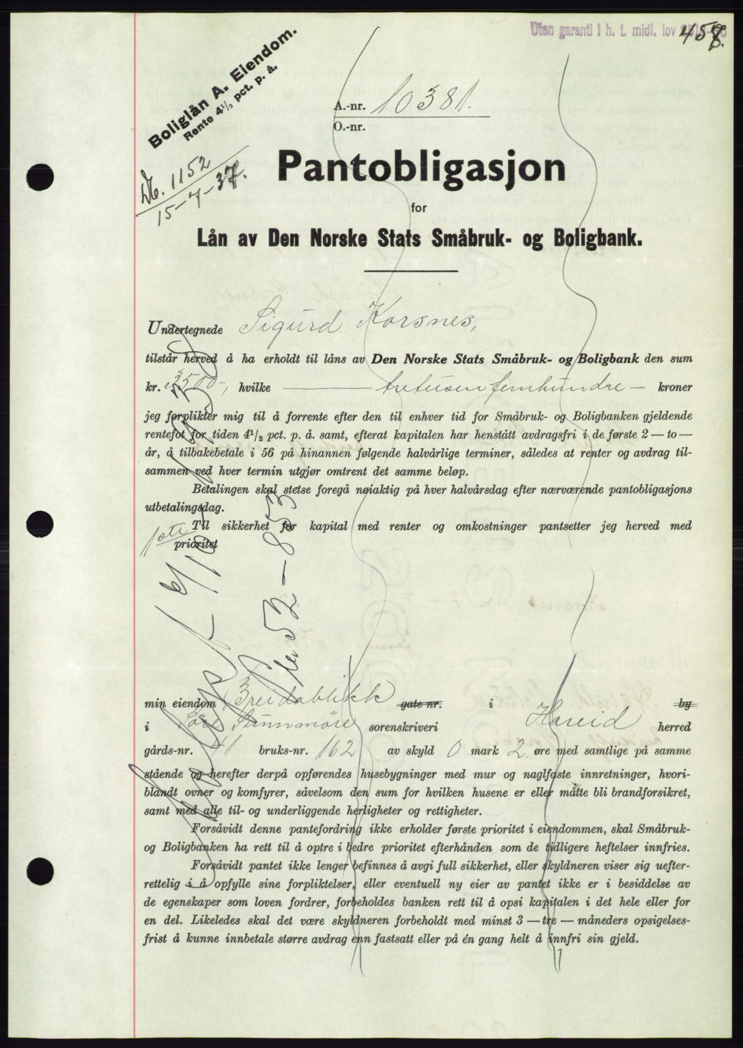 Søre Sunnmøre sorenskriveri, AV/SAT-A-4122/1/2/2C/L0063: Mortgage book no. 57, 1937-1937, Diary no: : 1152/1937