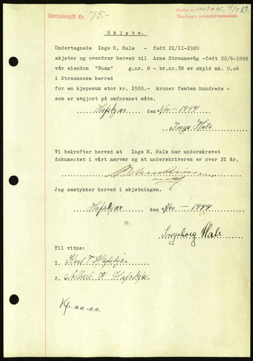 Nordmøre sorenskriveri, AV/SAT-A-4132/1/2/2Ca: Mortgage book no. A100a, 1945-1945, Diary no: : 1203/1945