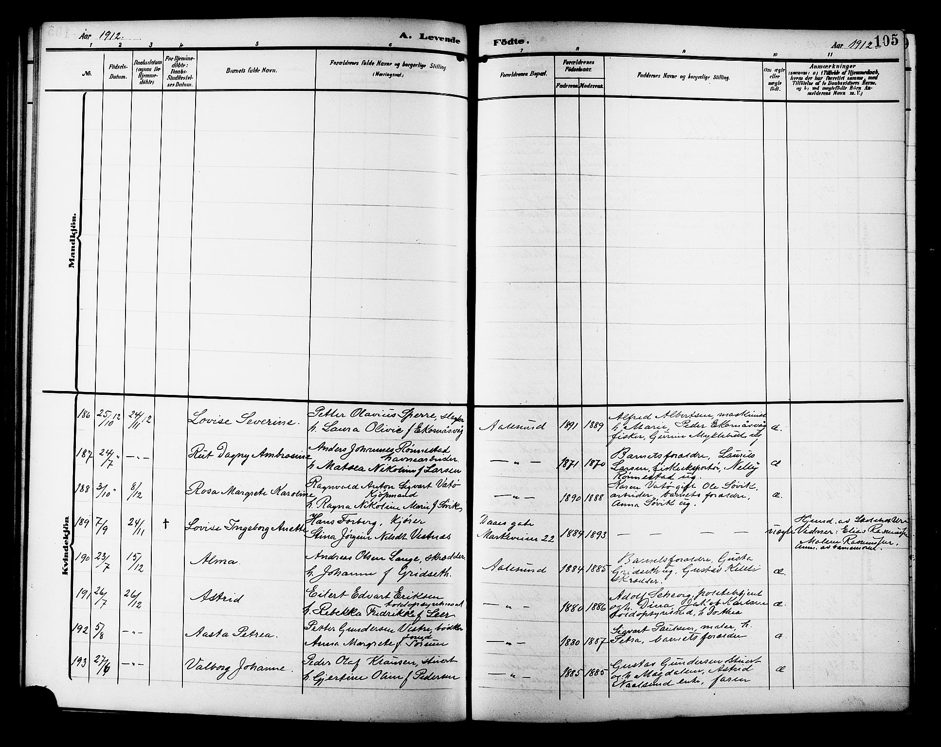 Ministerialprotokoller, klokkerbøker og fødselsregistre - Møre og Romsdal, SAT/A-1454/529/L0471: Parish register (copy) no. 529C08, 1909-1921, p. 105