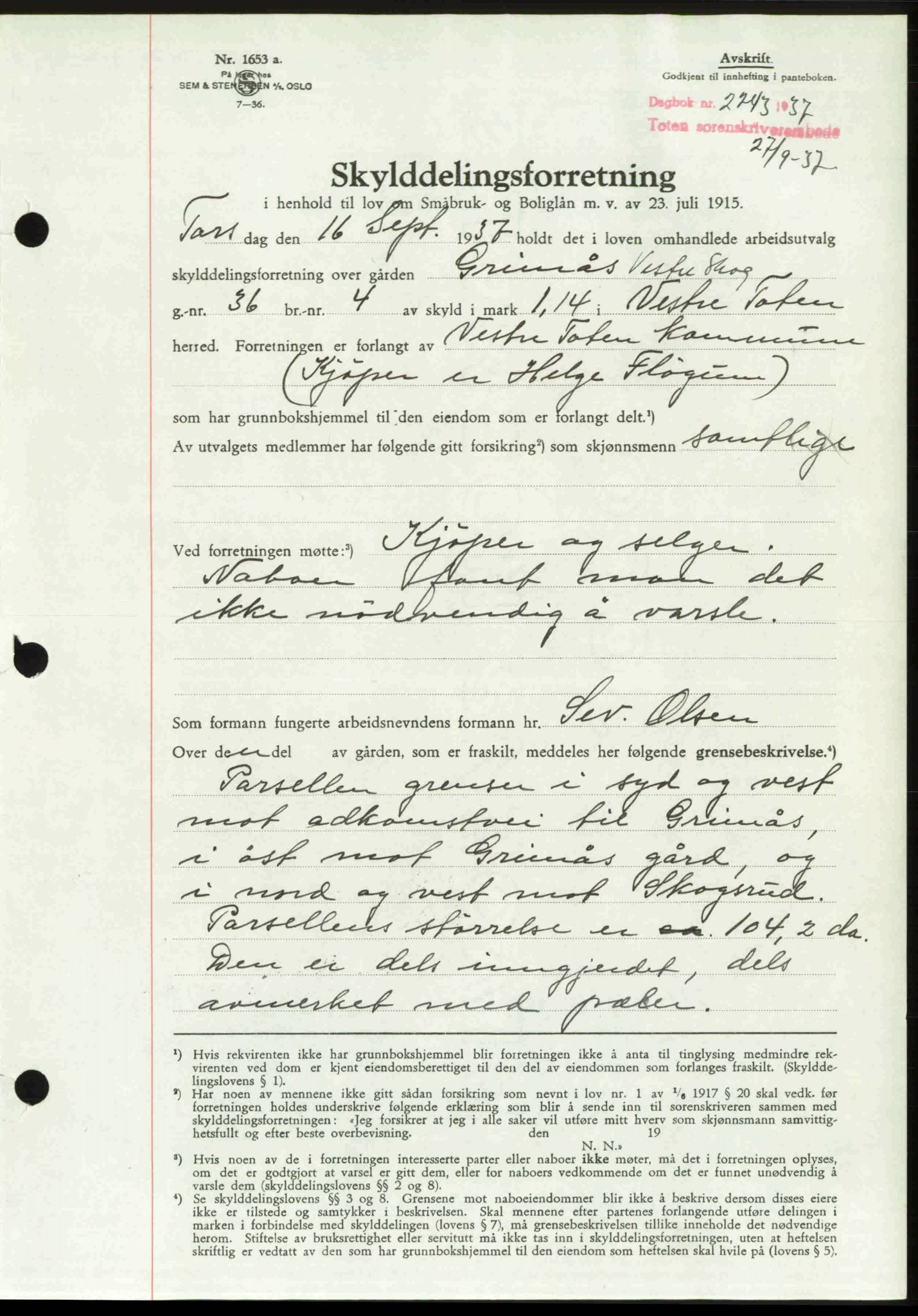 Toten tingrett, SAH/TING-006/H/Hb/Hbc/L0003: Mortgage book no. Hbc-03, 1937-1938, Diary no: : 2243/1937