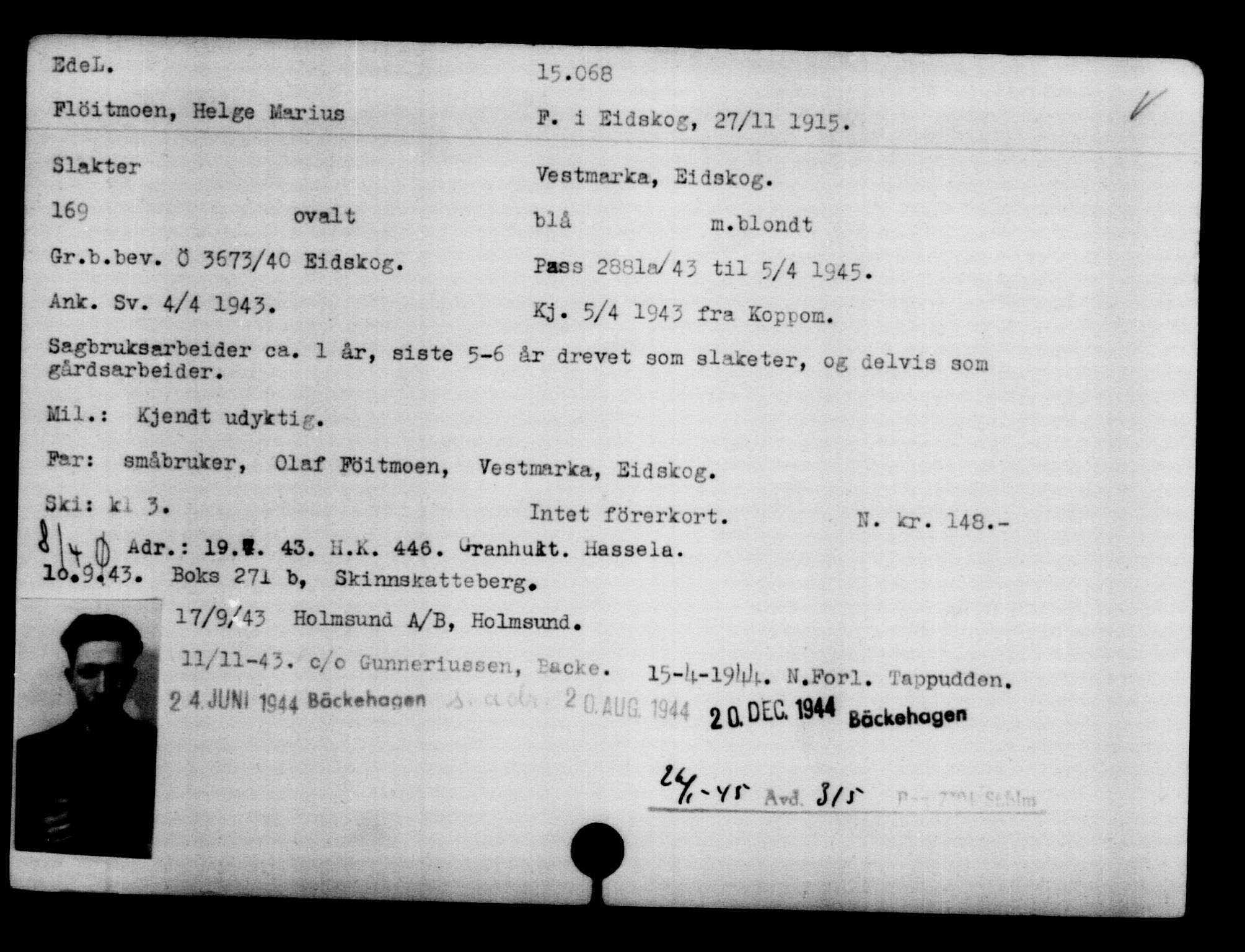 Utenriksstasjonene, Legasjonen i Stockholm, Flyktningkontoret, AV/RA-S-6753/V/Va/L0007: Kjesäterkartoteket, flyktninger med registreringsnr. 12700-15723, 1940-1945, p. 2725