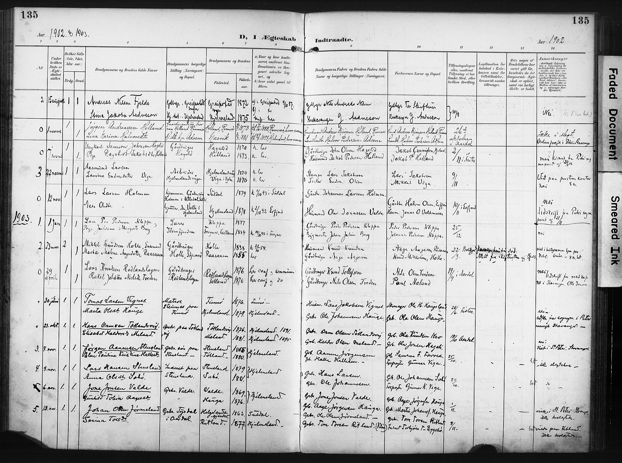 Hjelmeland sokneprestkontor, SAST/A-101843/02/A/L0002: Parish register (official) no. A 17, 1901-1916, p. 135