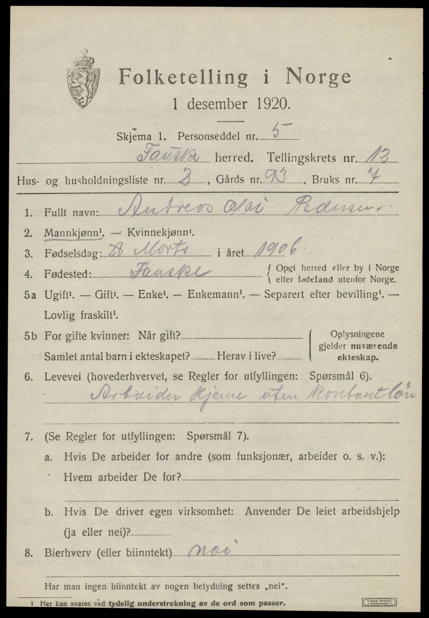 SAT, 1920 census for Fauske, 1920, p. 8188