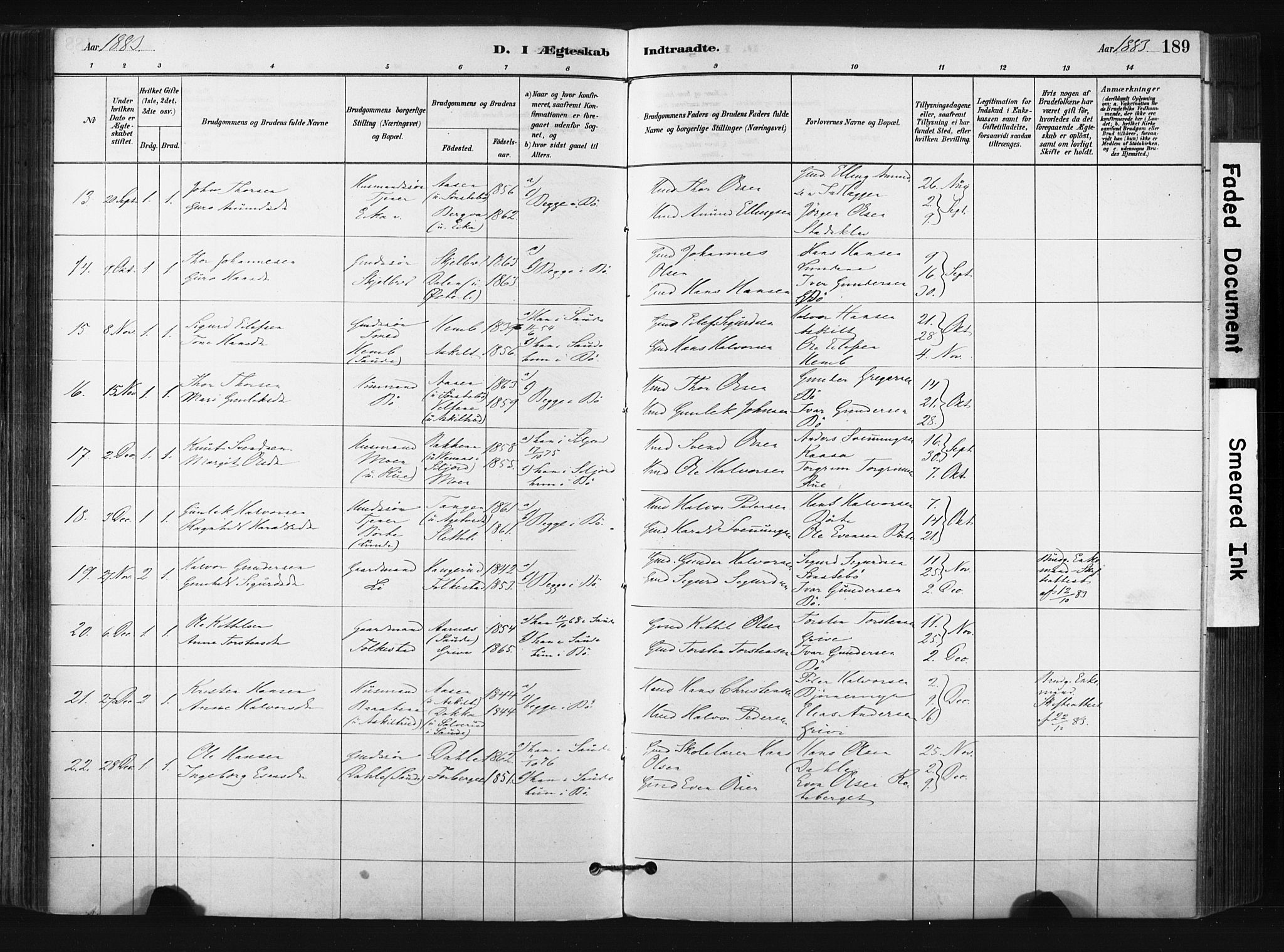 Bø kirkebøker, SAKO/A-257/F/Fa/L0010: Parish register (official) no. 10, 1880-1892, p. 189