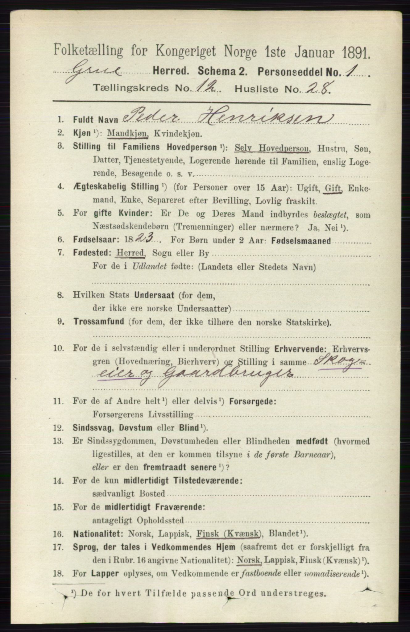 RA, 1891 census for 0423 Grue, 1891, p. 6274