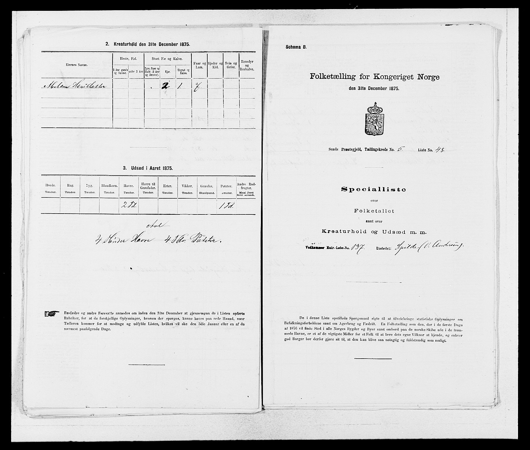 SAB, 1875 census for 1245P Sund, 1875, p. 563