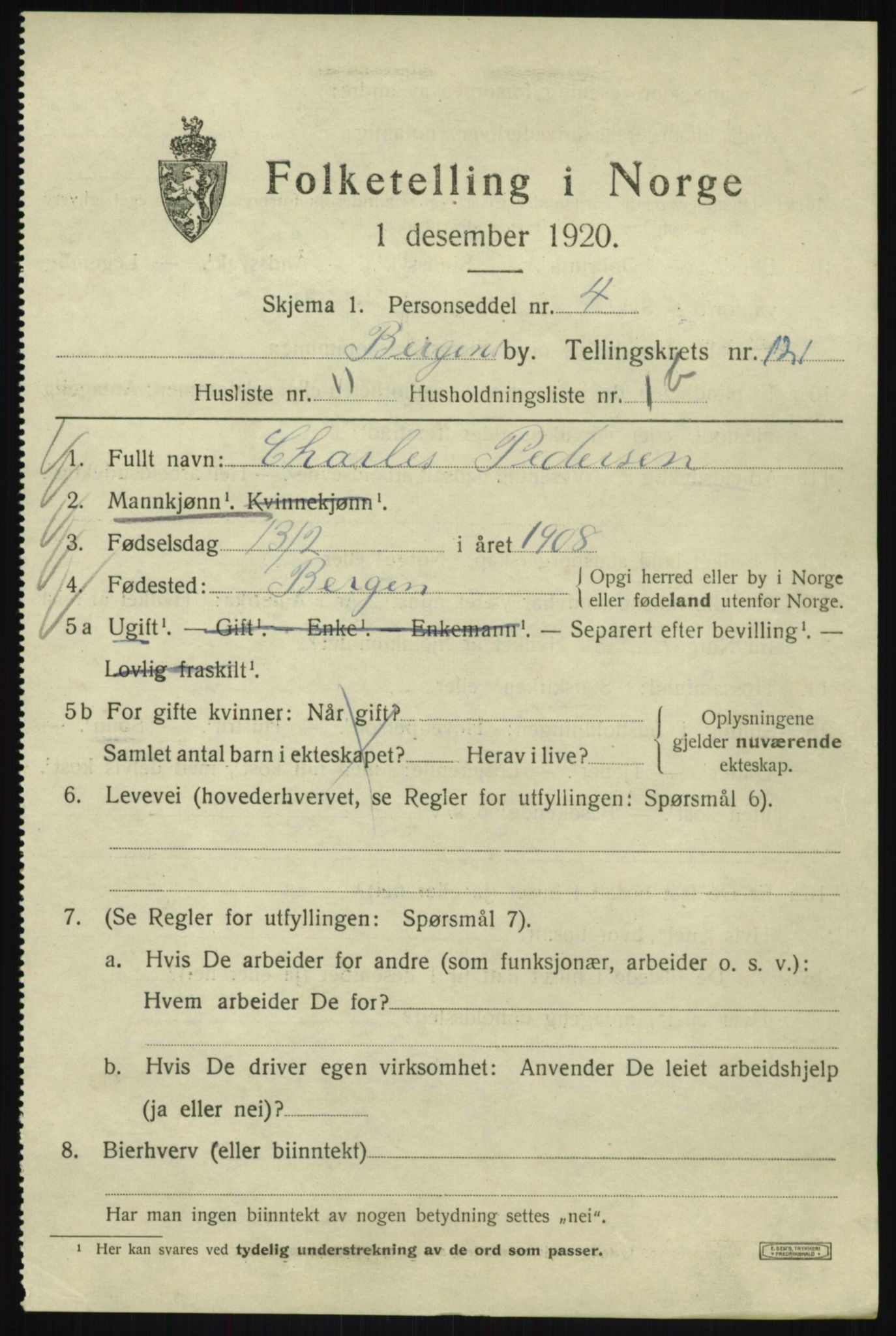 SAB, 1920 census for Bergen, 1920, p. 203351