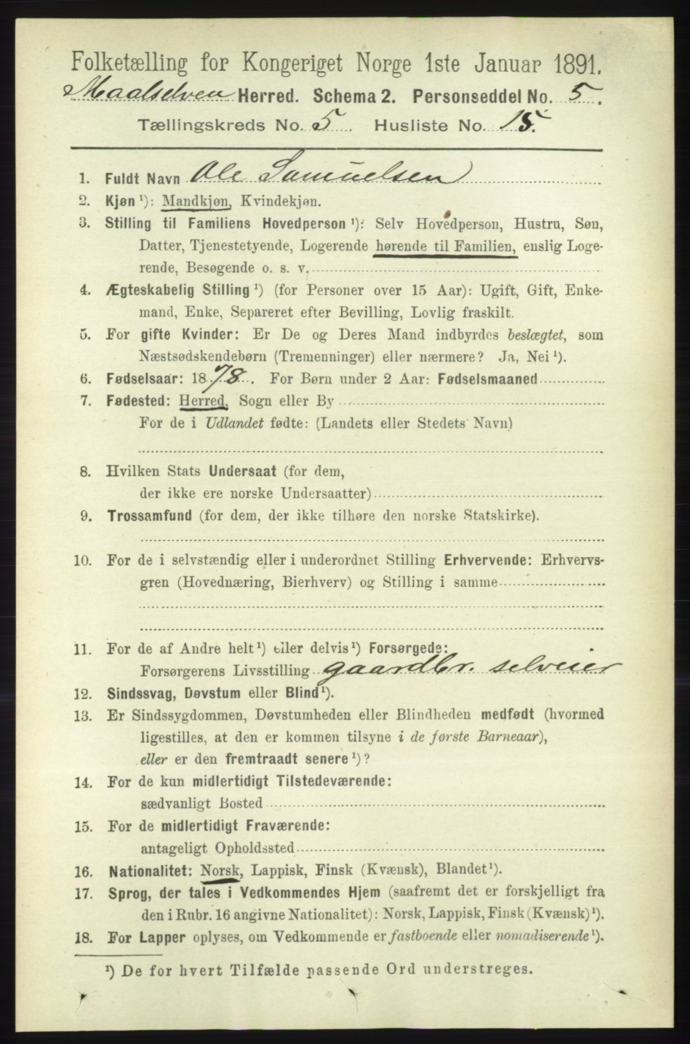 RA, 1891 census for 1924 Målselv, 1891, p. 1729